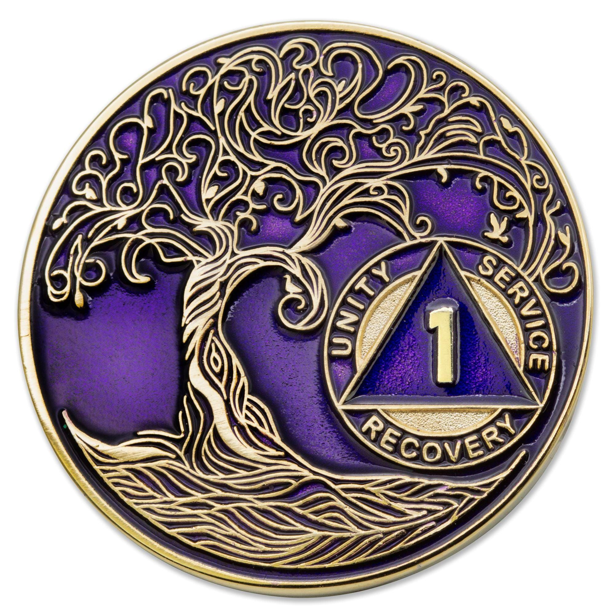 1 to 50 Year Sobriety Mint Twisted Tree of Life Gold Plated AA Recovery Medallion/Chip/Coin - Purple 1 to 50 Year Sobriety Mint Twisted Tree of Life Gold Plated AA Recovery Medallion/Chip/Coin - Purple