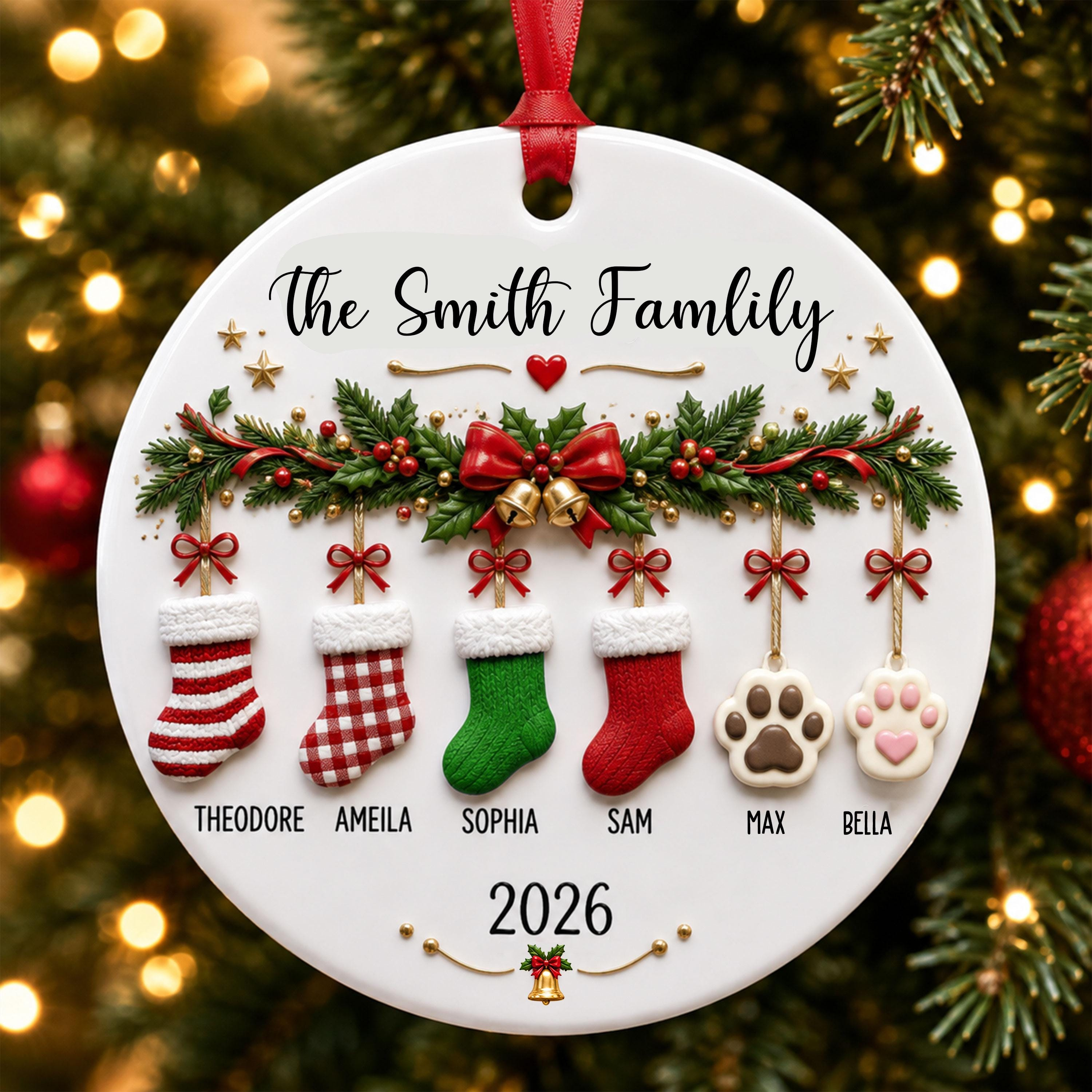 Personalized Family Christmas 3D Relief Ceramic Ornament - Custom Names & Pet Prints Personalized Family Christmas 3D Relief Ceramic Ornament - Custom Names & Pet Prints