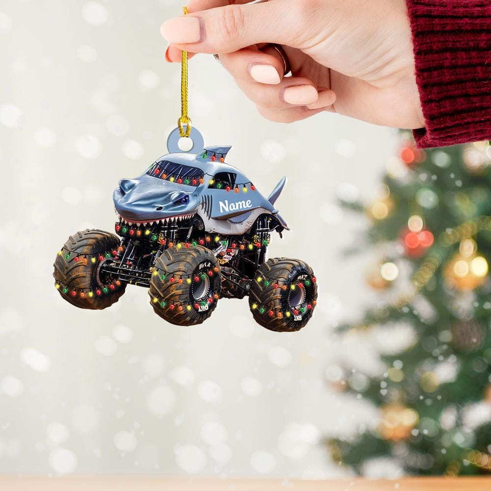 Personalized Shark Monster Truck Christmas Ornament - Custom Name Holiday Tree Decoration 1 - MeasureMason Personalized Shark Monster Truck Christmas Ornament - Custom Name Holiday Tree Decoration 1