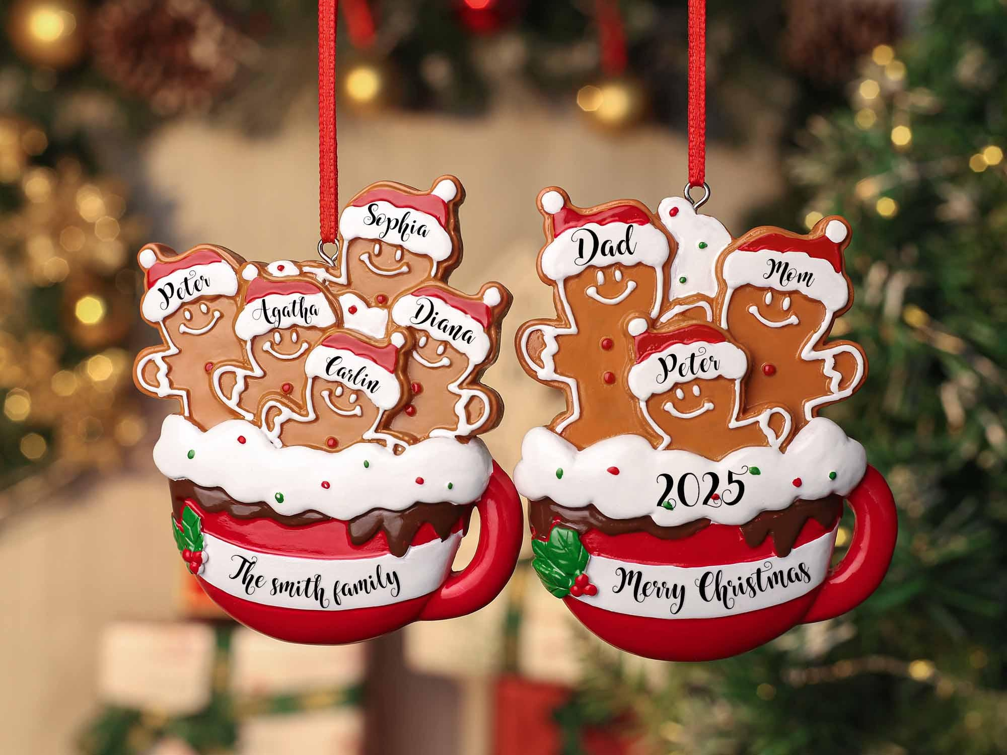 Personalized Resin Gingerbread Family Ornament, Custom Names & Year, Christmas Tree Decor, 2-7 Family Members