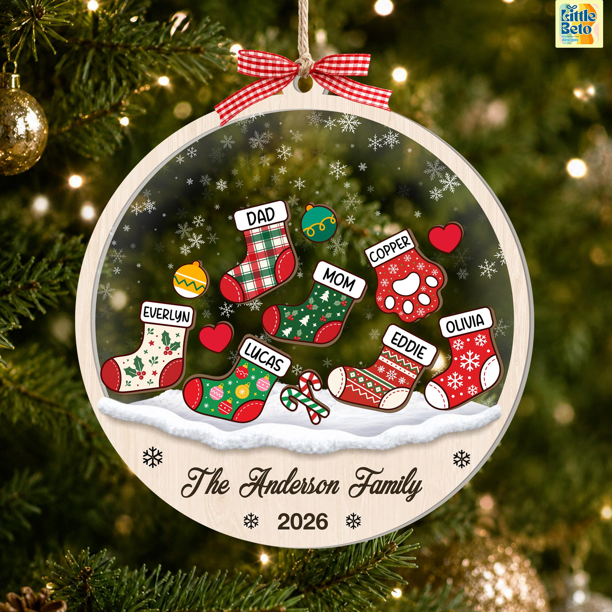 Custom 4D Shake Family Ornament with Pets, Personalized Stocking Christmas Tree Ornament, Holiday Keepsake