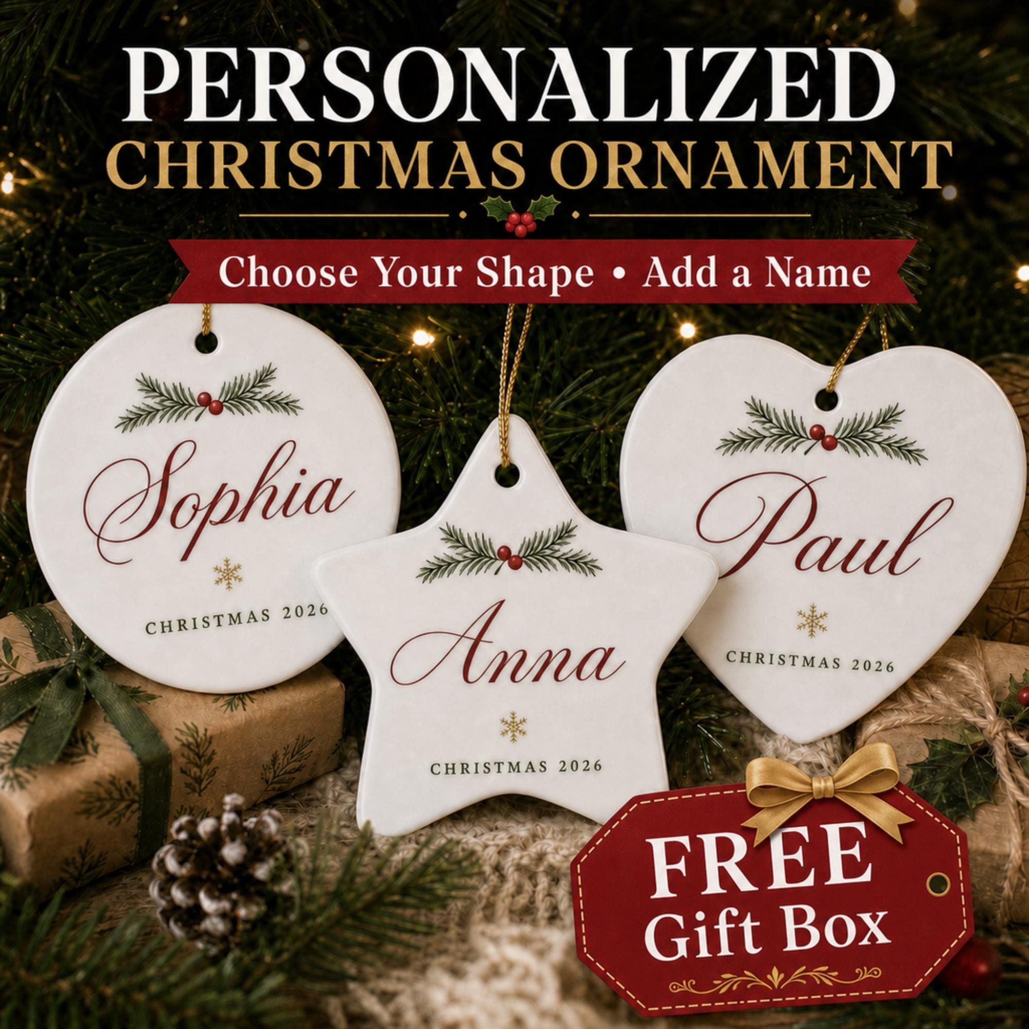 Personalized Christmas Ornament 2026 - Custom Name Ceramic Keepsake with Gift Box Personalized Christmas Ornament 2026 - Custom Name Ceramic Keepsake with Gift Box