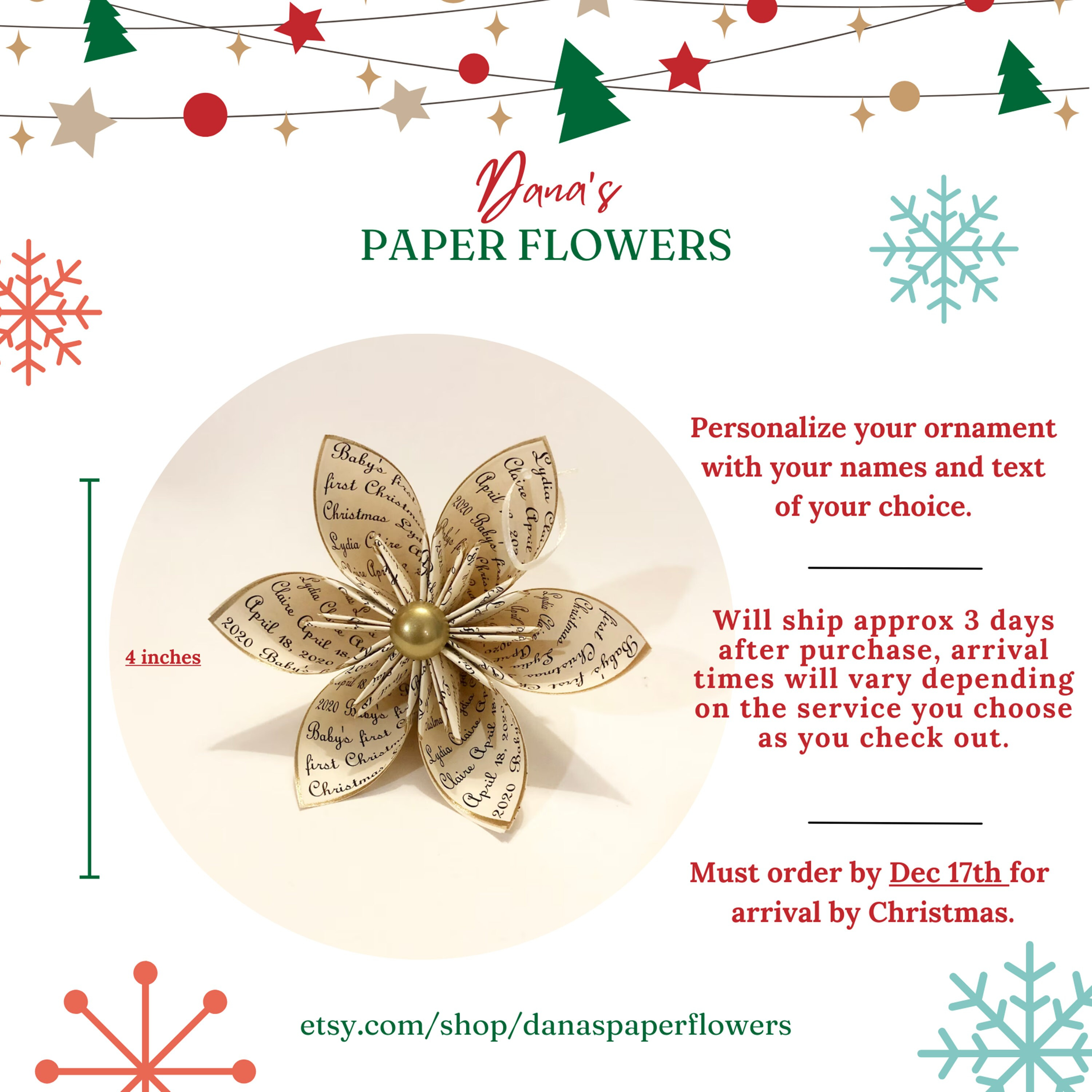 Custom Personalized Christmas Ornament with Names, Date & Handmade Paper Flower 2 - MeasureMason Custom Personalized Christmas Ornament with Names, Date & Handmade Paper Flower 2