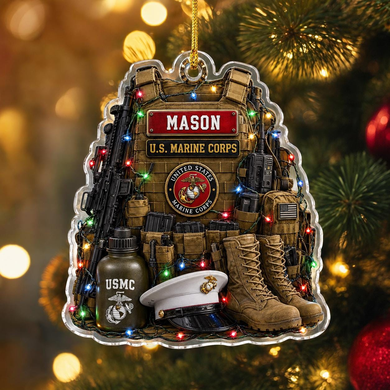 Personalized USMC Marine Corps Ornament, Custom Shape Military Christmas Tree Decoration, Veteran Gift