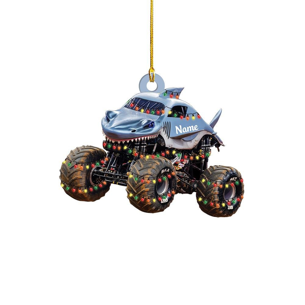 Personalized Shark Monster Truck Christmas Ornament - Custom Name Holiday Tree Decoration 3 - MeasureMason Personalized Shark Monster Truck Christmas Ornament - Custom Name Holiday Tree Decoration 3