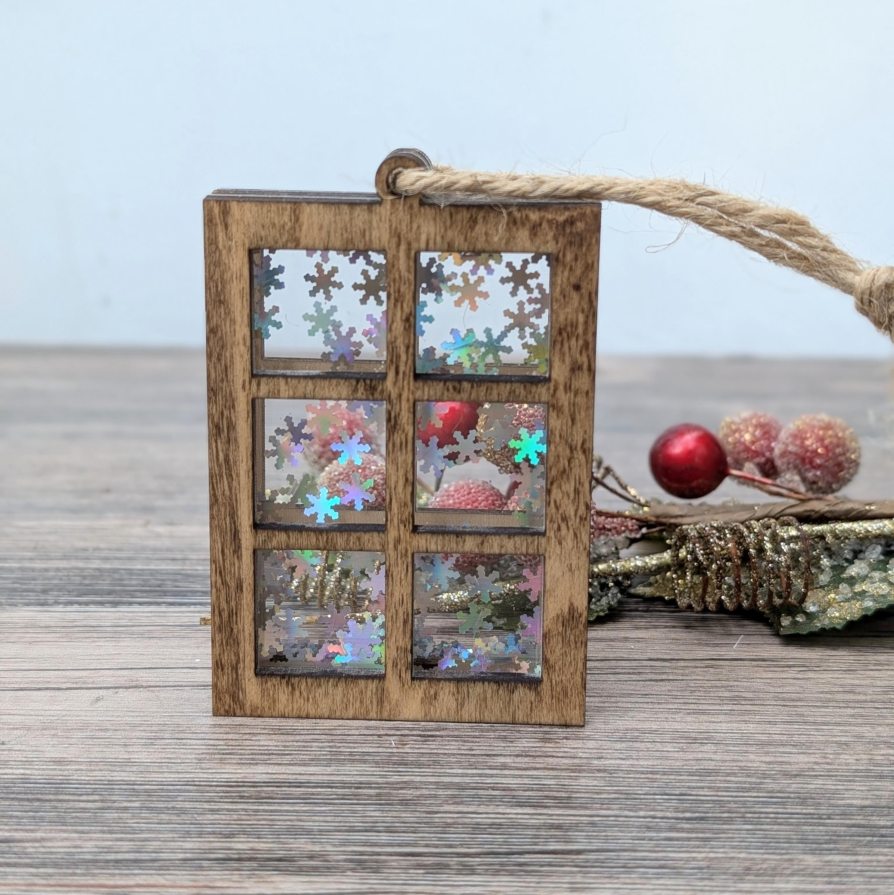 Christmas Window Snowflake Ornament - Stacked 5-Layer Maple Wood & Acrylic Tree Decoration with Iridescent Glitter 2 - MeasureMason Christmas Window Snowflake Ornament - Stacked 5-Layer Maple Wood & Acrylic Tree Decoration with Iridescent Glitter 2