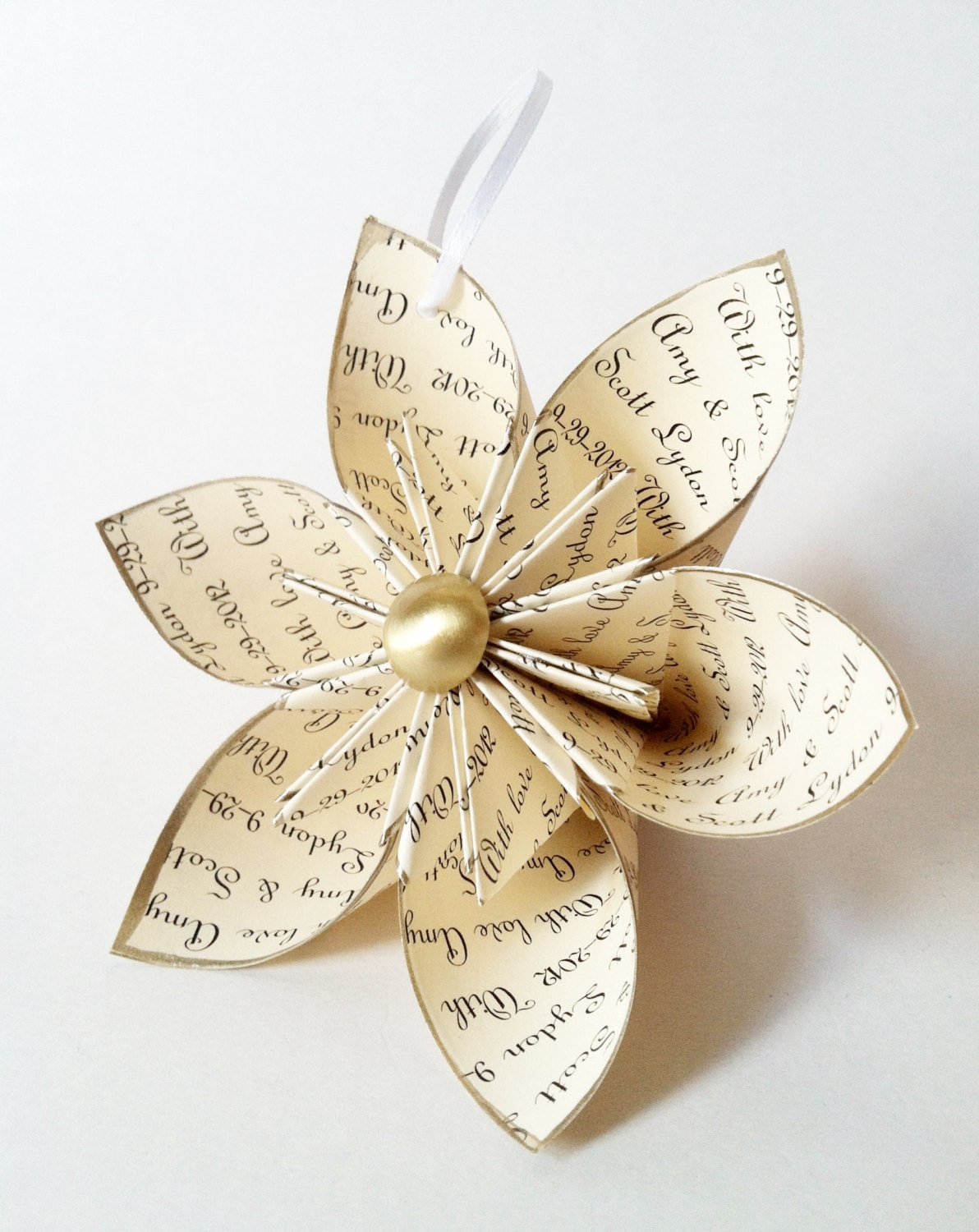 Custom Personalized Christmas Ornament with Names, Date & Handmade Paper Flower