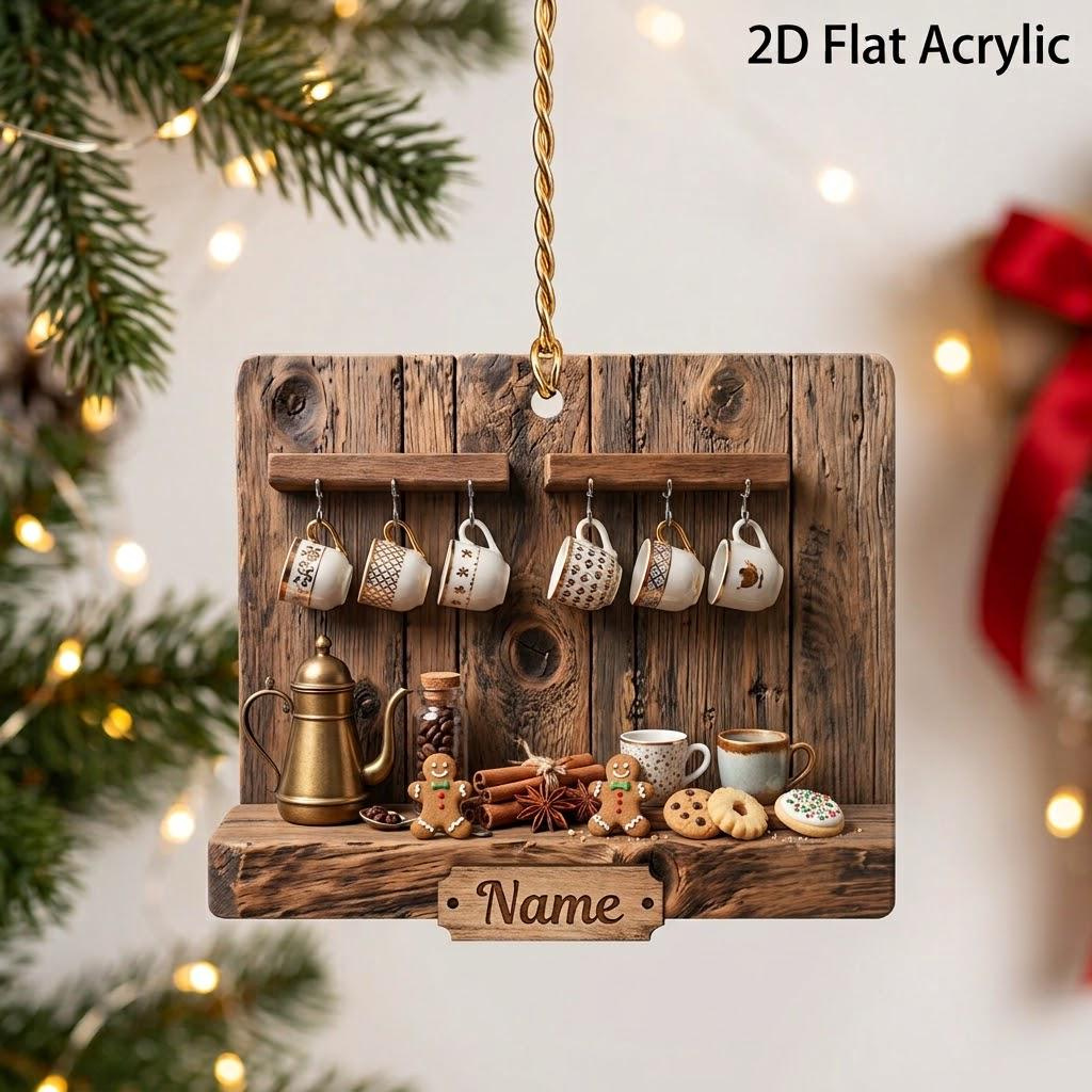 Personalized Coffee Bar Ornament, Custom Name 2D Flat Acrylic Rustic Coffee Station Christmas Decor