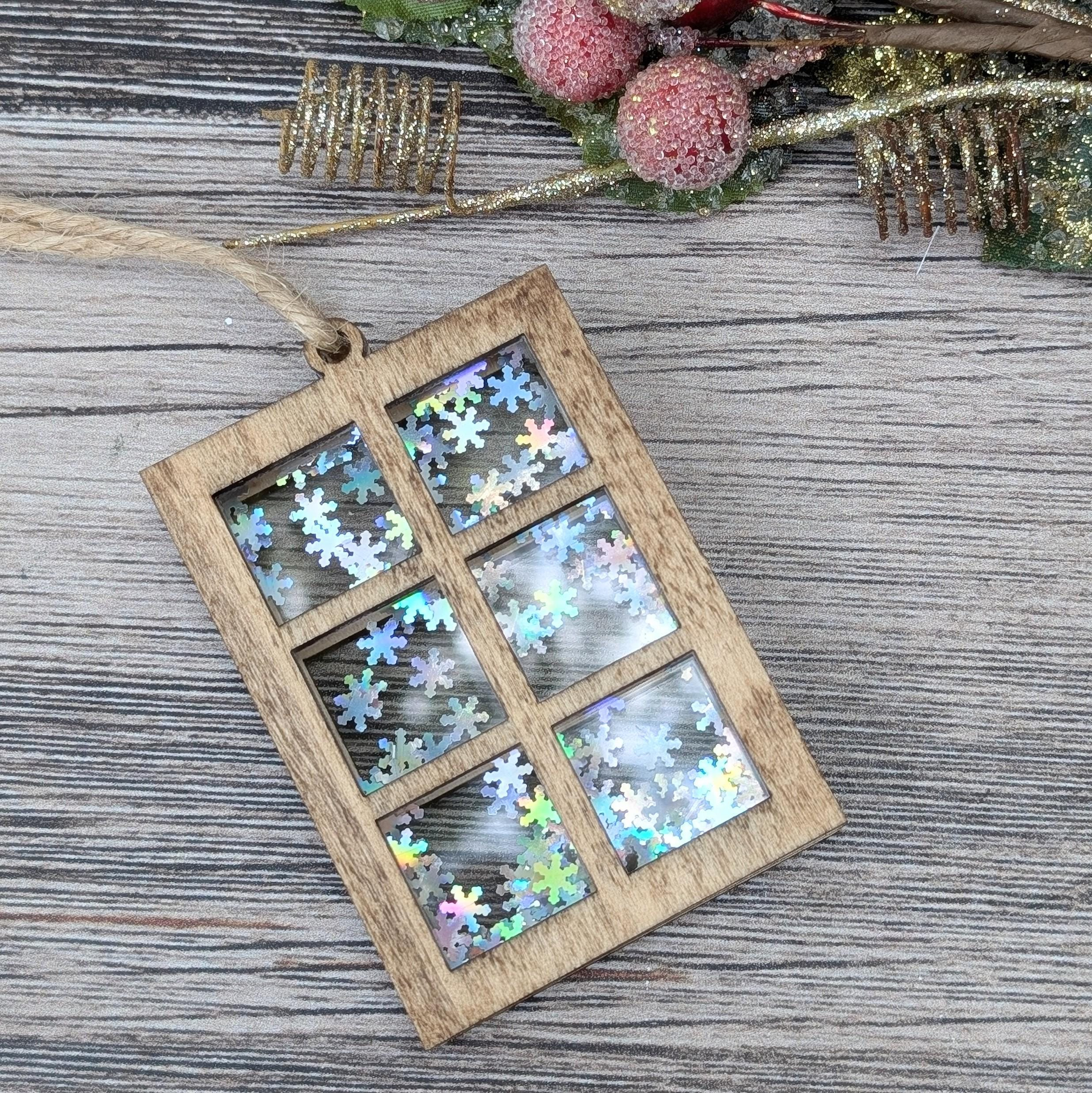 Christmas Window Snowflake Ornament - Stacked 5-Layer Maple Wood & Acrylic Tree Decoration with Iridescent Glitter