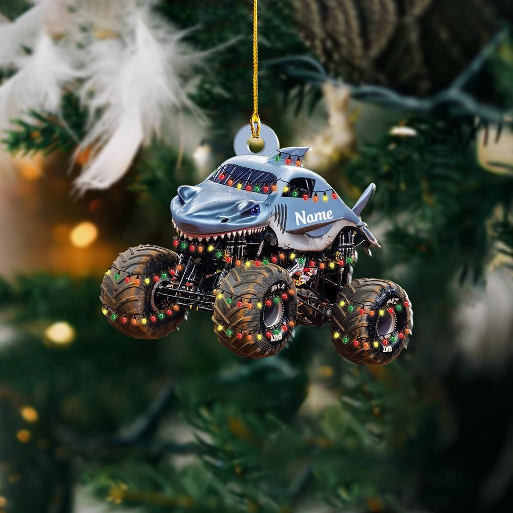 Personalized Shark Monster Truck Christmas Ornament - Custom Name Holiday Tree Decoration Personalized Shark Monster Truck Christmas Ornament - Custom Name Holiday Tree Decoration