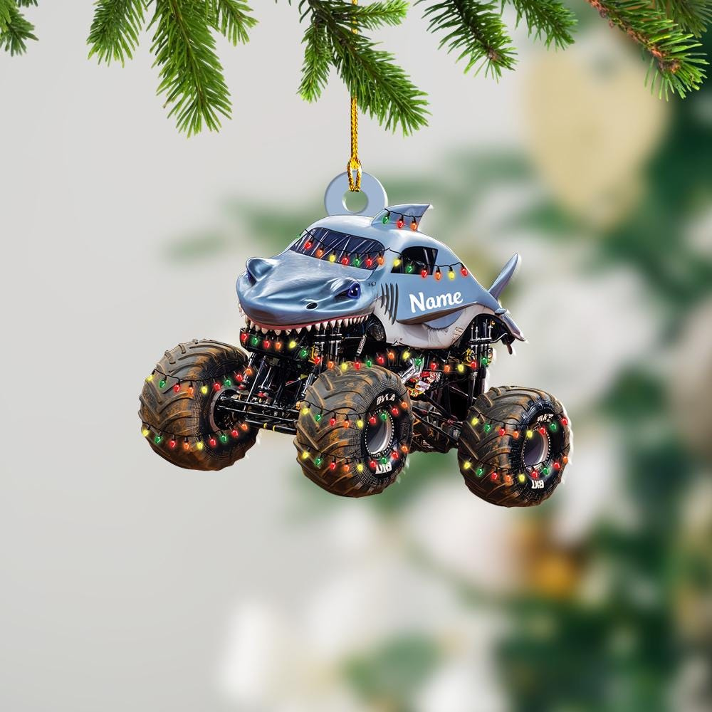 Personalized Shark Monster Truck Christmas Ornament - Custom Name Holiday Tree Decoration 2 - MeasureMason Personalized Shark Monster Truck Christmas Ornament - Custom Name Holiday Tree Decoration 2