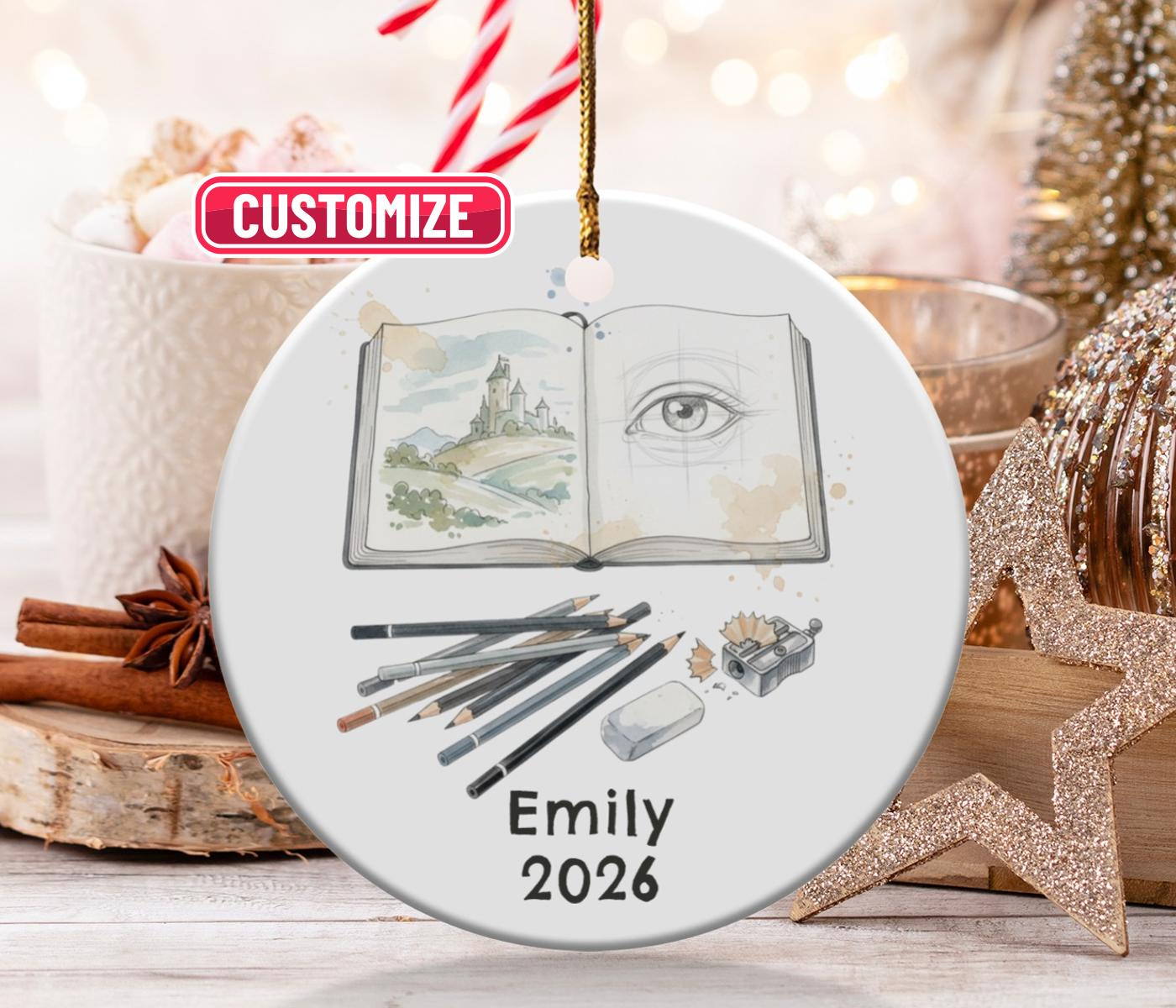 Personalized Artist Ornament - Custom Sketchbook Design Ceramic Christmas Ornament with Name and Year