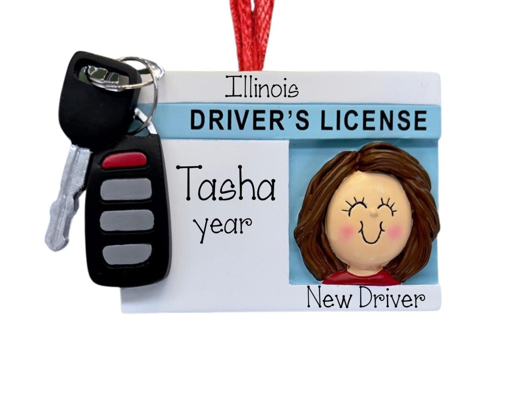 Personalized New Driver Christmas Ornament, Brunette Female License, Car Keys