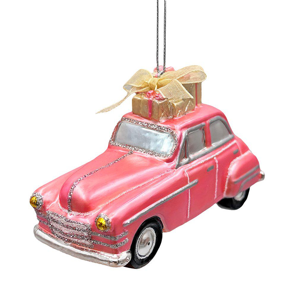 Nostalgic Pink Car Glass Christmas Ornament, Vintage Classic Holiday Tree Decor with Gold Presents, Hand-Blown