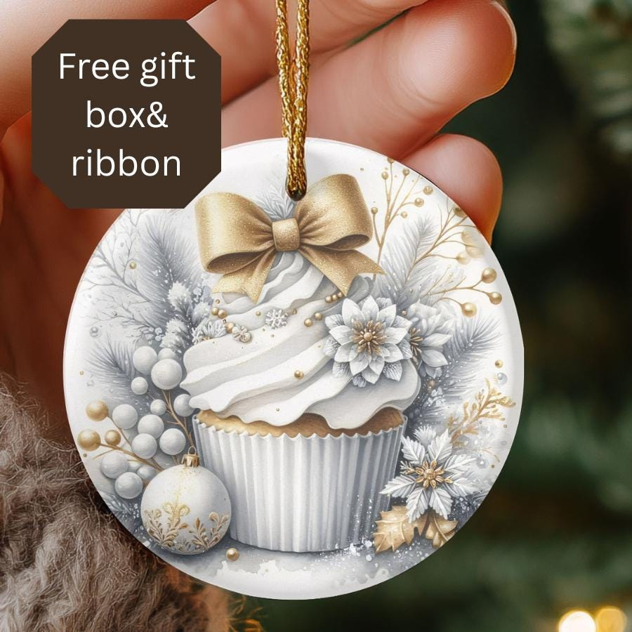 Handmade Round Ceramic Glossy Hanging Christmas Tree Ornament - Sublimated Cupcake Holiday Decoration Keepsake Gift 3 in