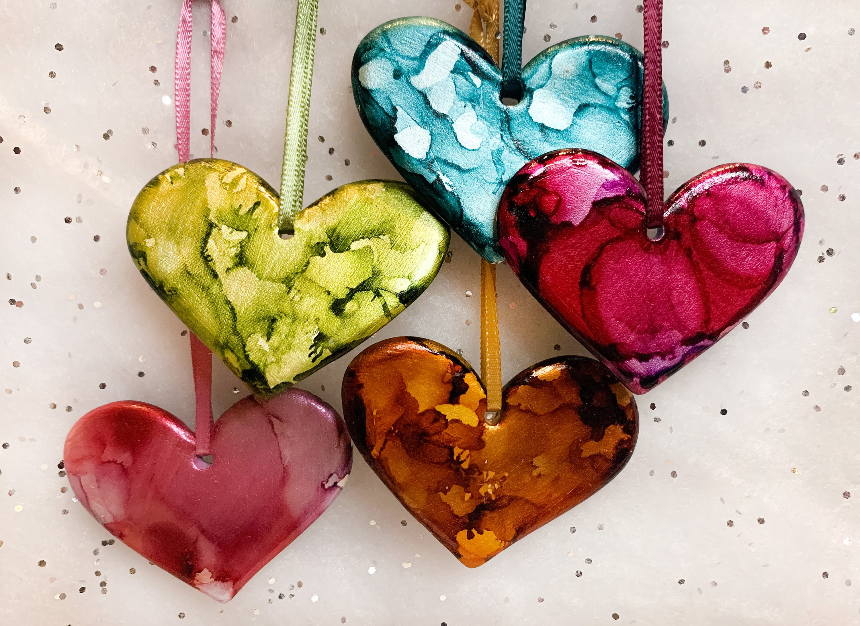 Hand Painted Mini Heart Ornament - Alcohol Ink Ceramic Christmas Tree Decor