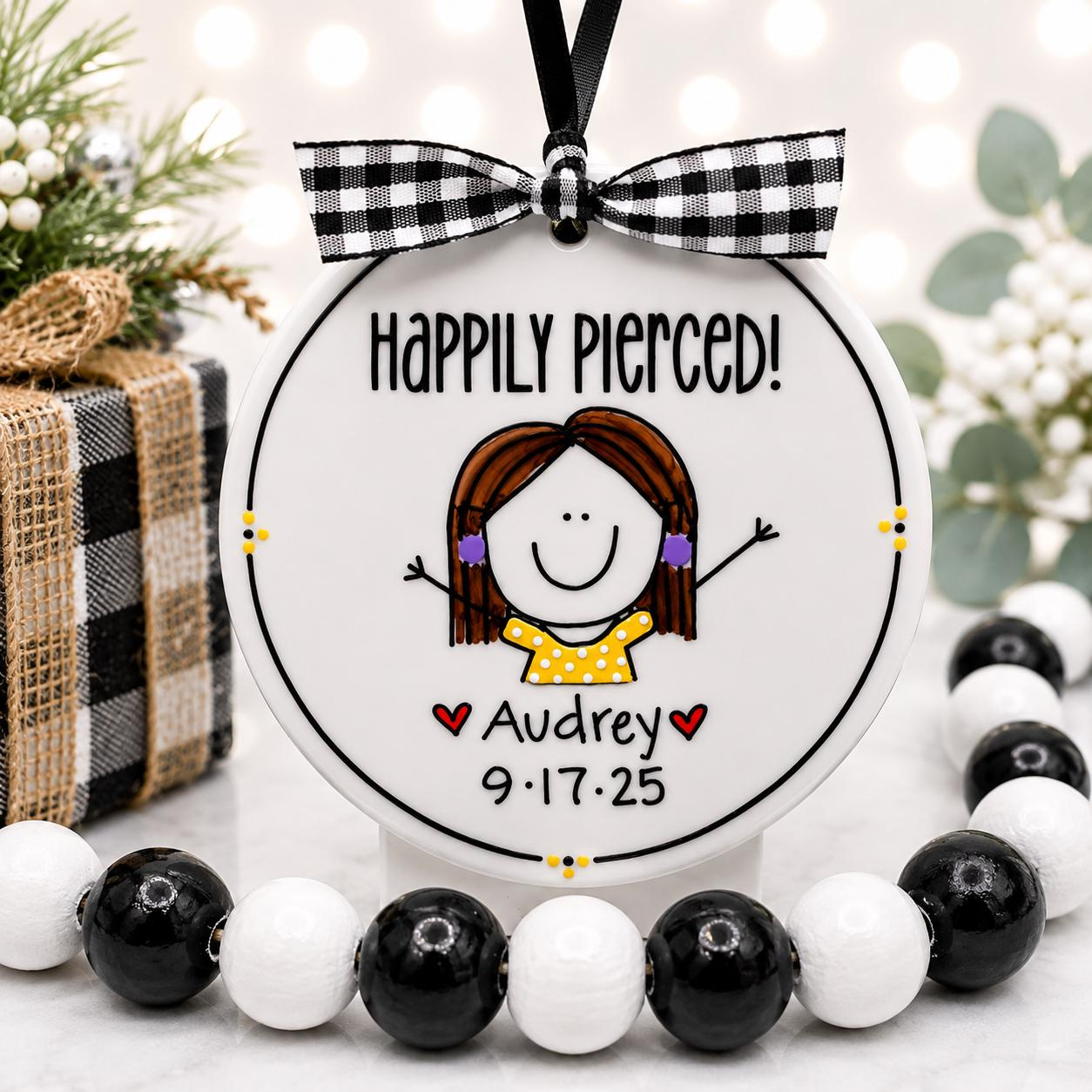 Custom Hand-Drawn Ceramic Christmas Ornament - Personalized Girl Ear Piercing Keepsake