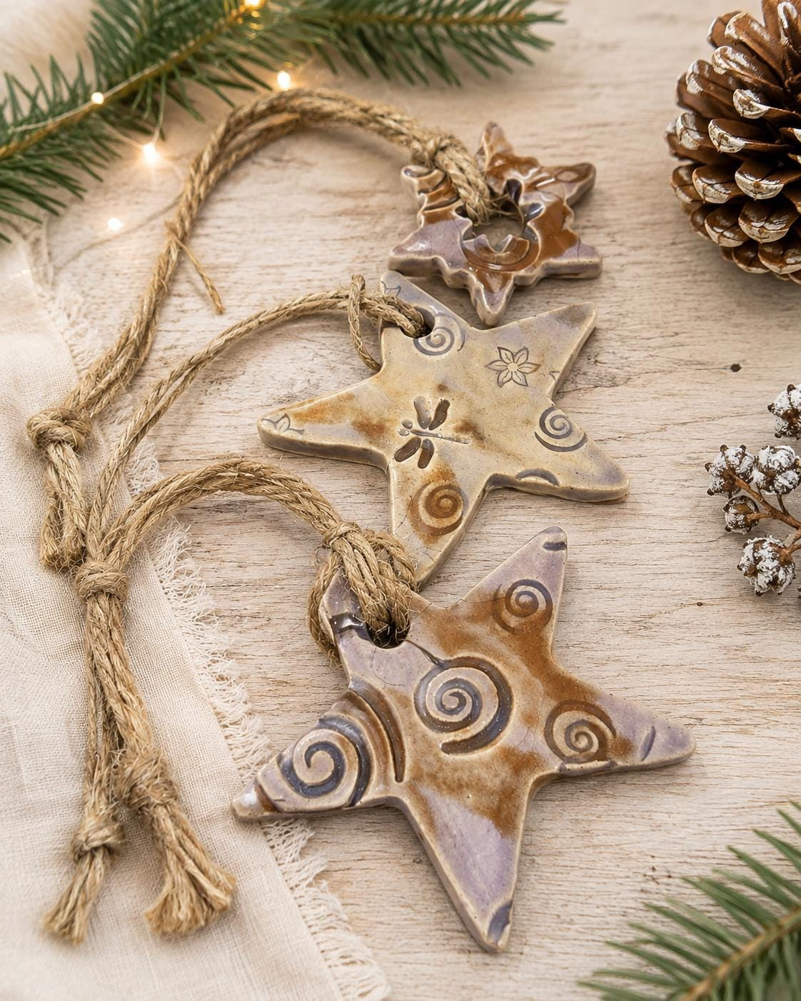 Handmade Ceramic Star Christmas Ornaments Set of 3 - Glazed Pottery Holiday Tree Decor Handmade Ceramic Star Christmas Ornaments Set of 3 - Glazed Pottery Holiday Tree Decor