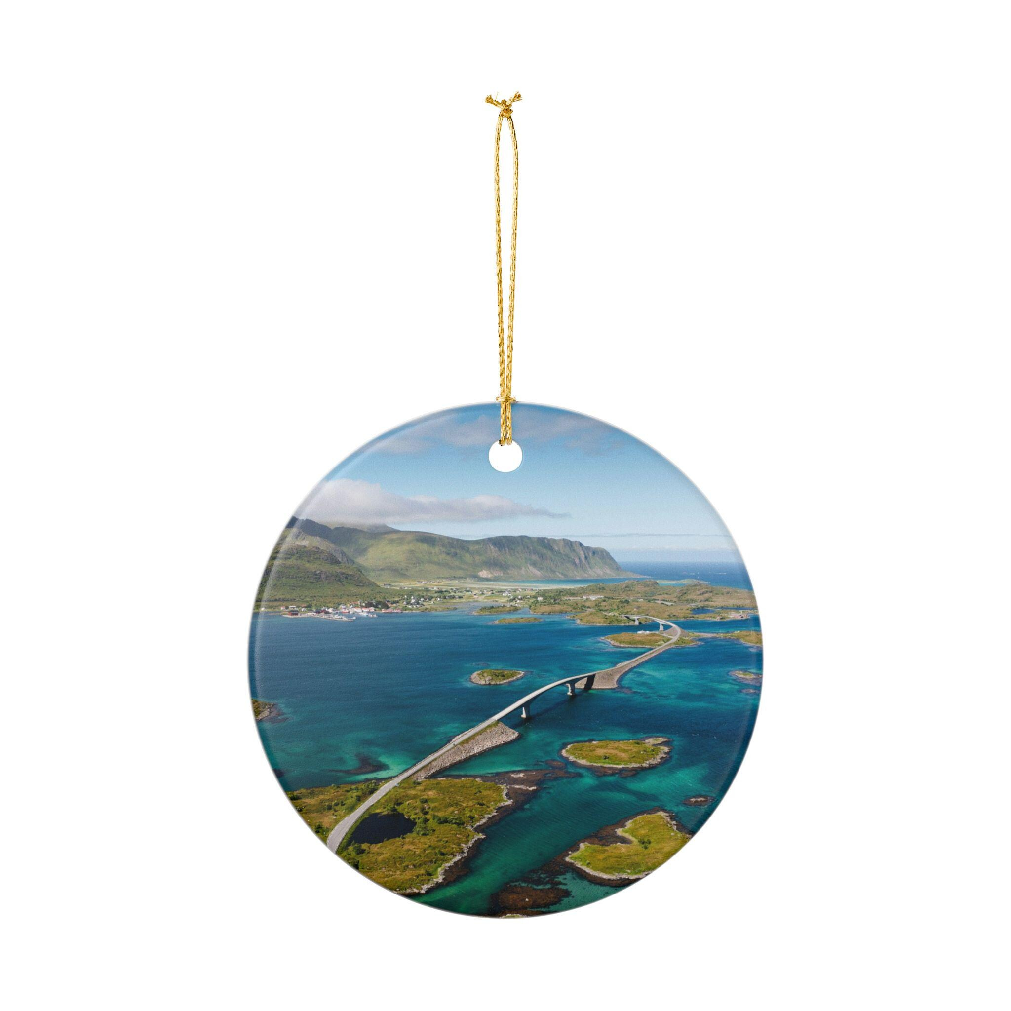 Tropical Beach Coastal Ocean Ceramic Round Christmas Holiday Ornament with Gold Hanging String 2 - MeasureMason Tropical Beach Coastal Ocean Ceramic Round Christmas Holiday Ornament with Gold Hanging String 2