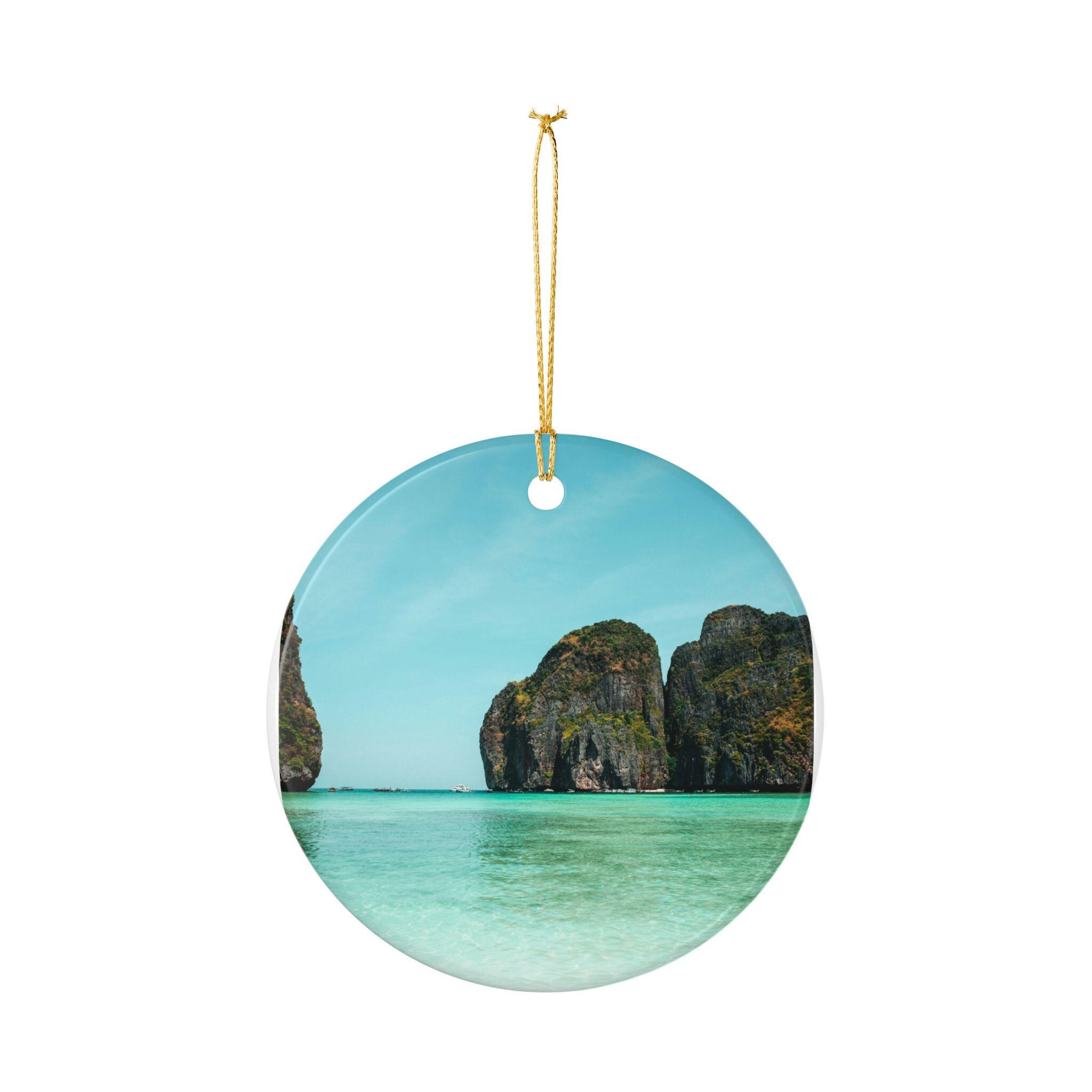Tropical Beach Coastal Ocean Ceramic Round Christmas Holiday Ornament with Gold Hanging String 3 - MeasureMason Tropical Beach Coastal Ocean Ceramic Round Christmas Holiday Ornament with Gold Hanging String 3