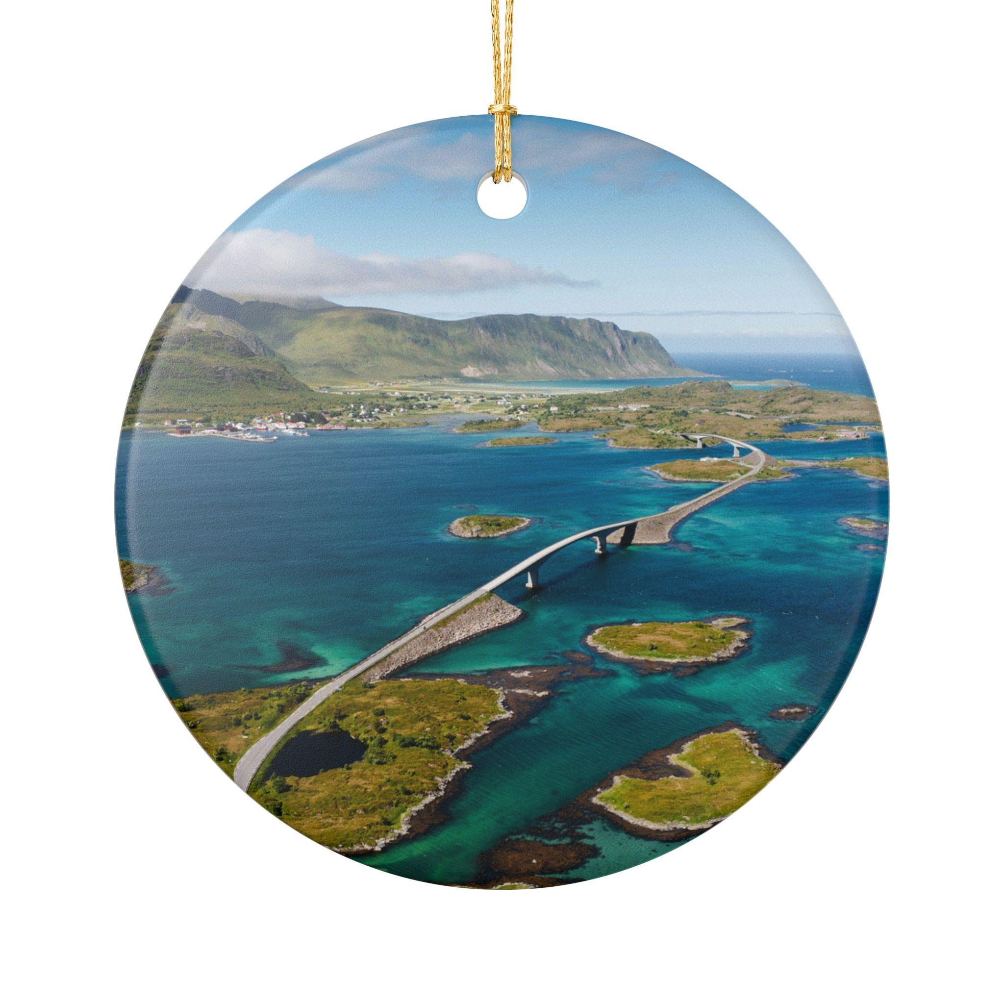 Tropical Beach Coastal Ocean Ceramic Round Christmas Holiday Ornament with Gold Hanging String Tropical Beach Coastal Ocean Ceramic Round Christmas Holiday Ornament with Gold Hanging String
