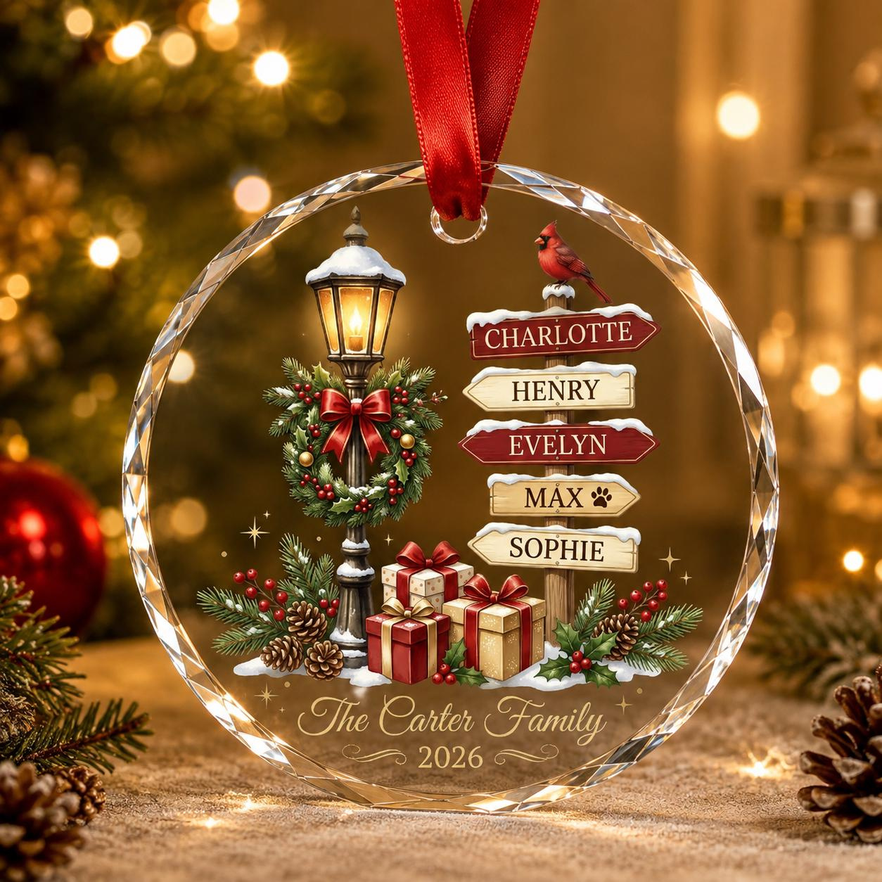 Personalized Cardinal Family Glass Christmas Ornament - Custom Names Keepsake