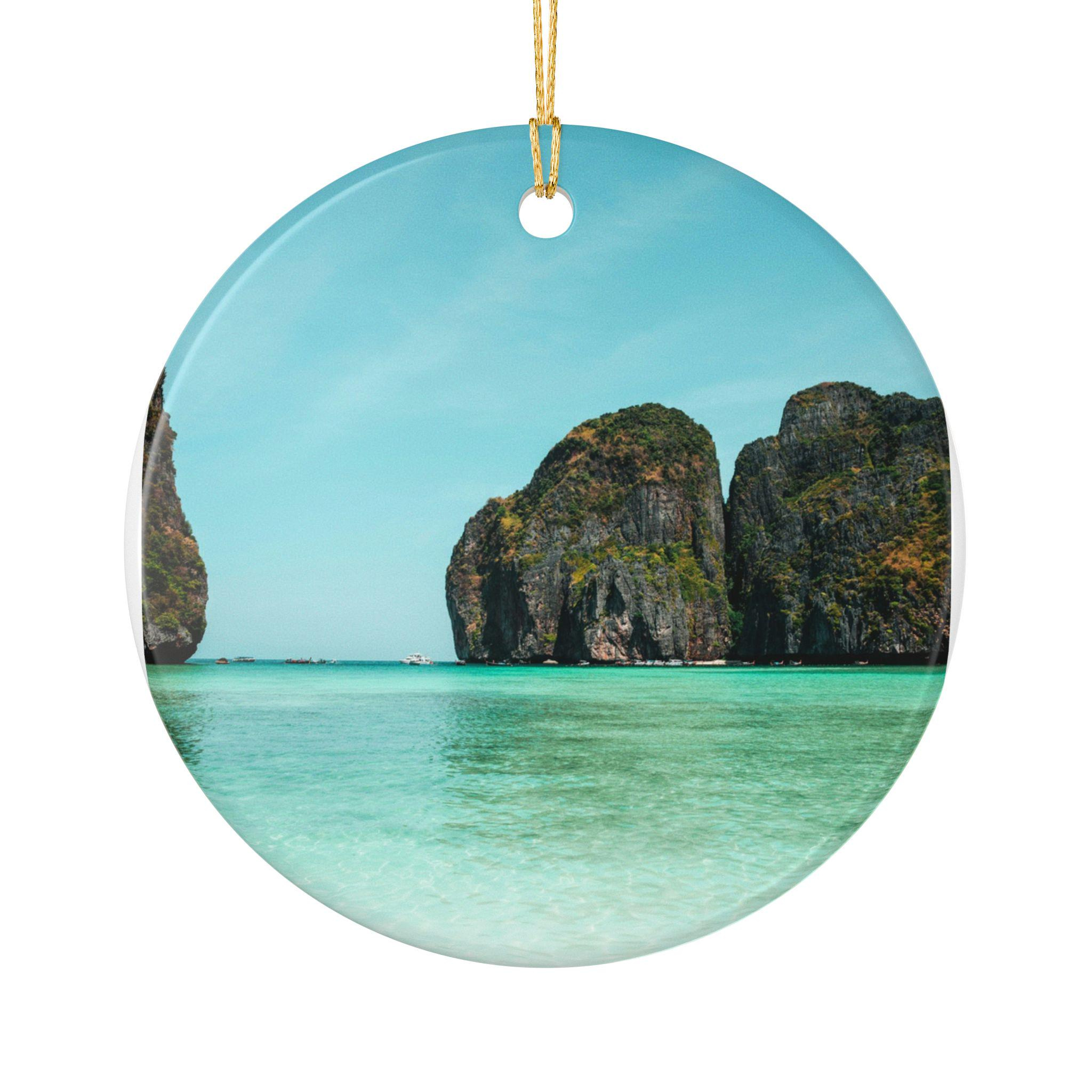 Tropical Beach Coastal Ocean Ceramic Round Christmas Holiday Ornament with Gold Hanging String 1 - MeasureMason Tropical Beach Coastal Ocean Ceramic Round Christmas Holiday Ornament with Gold Hanging String 1