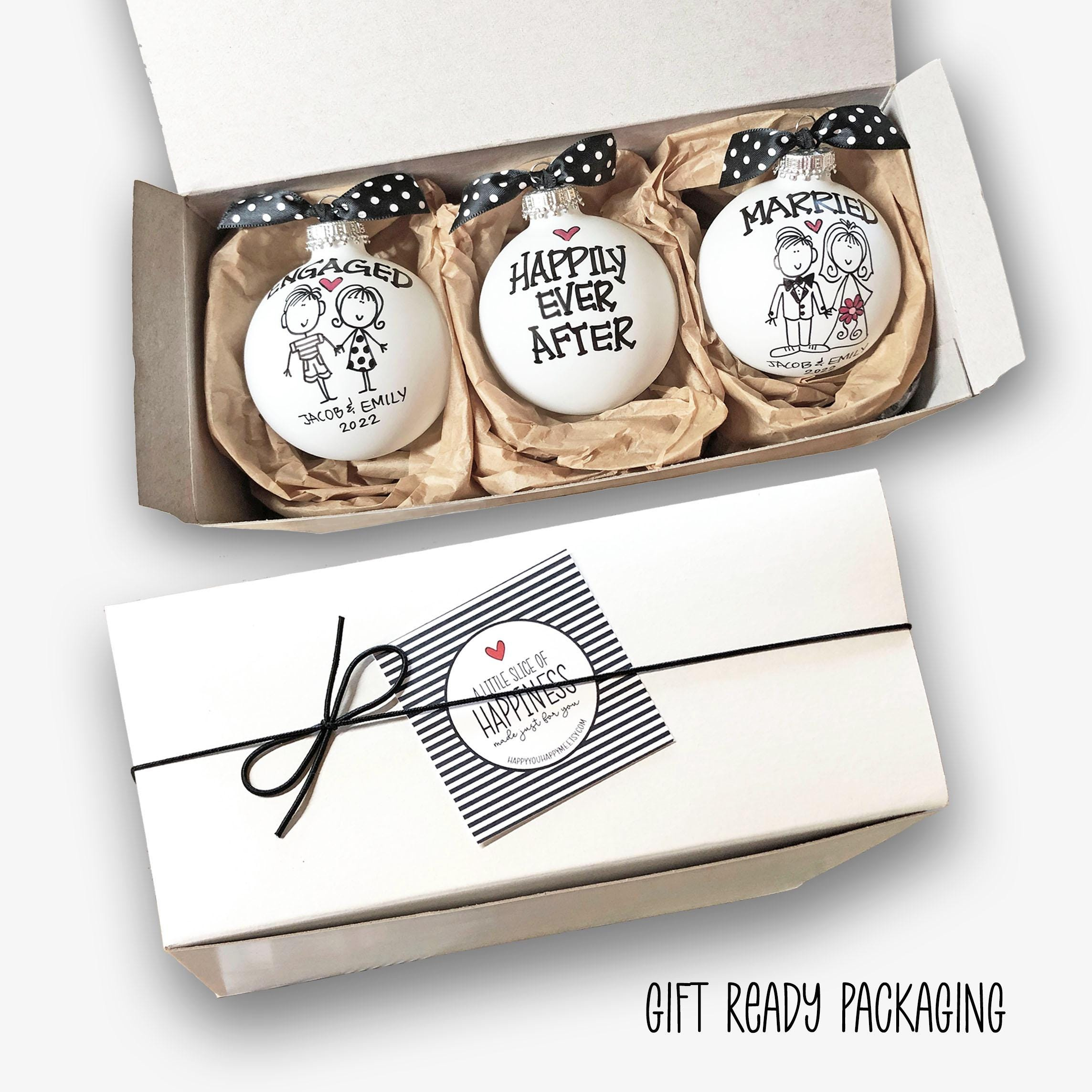 Personalized Engagement & Married Ornament Set, Custom Names & Date, Wedding Gift for Couple, Hand-Painted Glass Bulb Ke 3 - MeasureMason Personalized Engagement & Married Ornament Set, Custom Names & Date, Wedding Gift for Couple, Hand-Painted Glass Bulb Ke 3