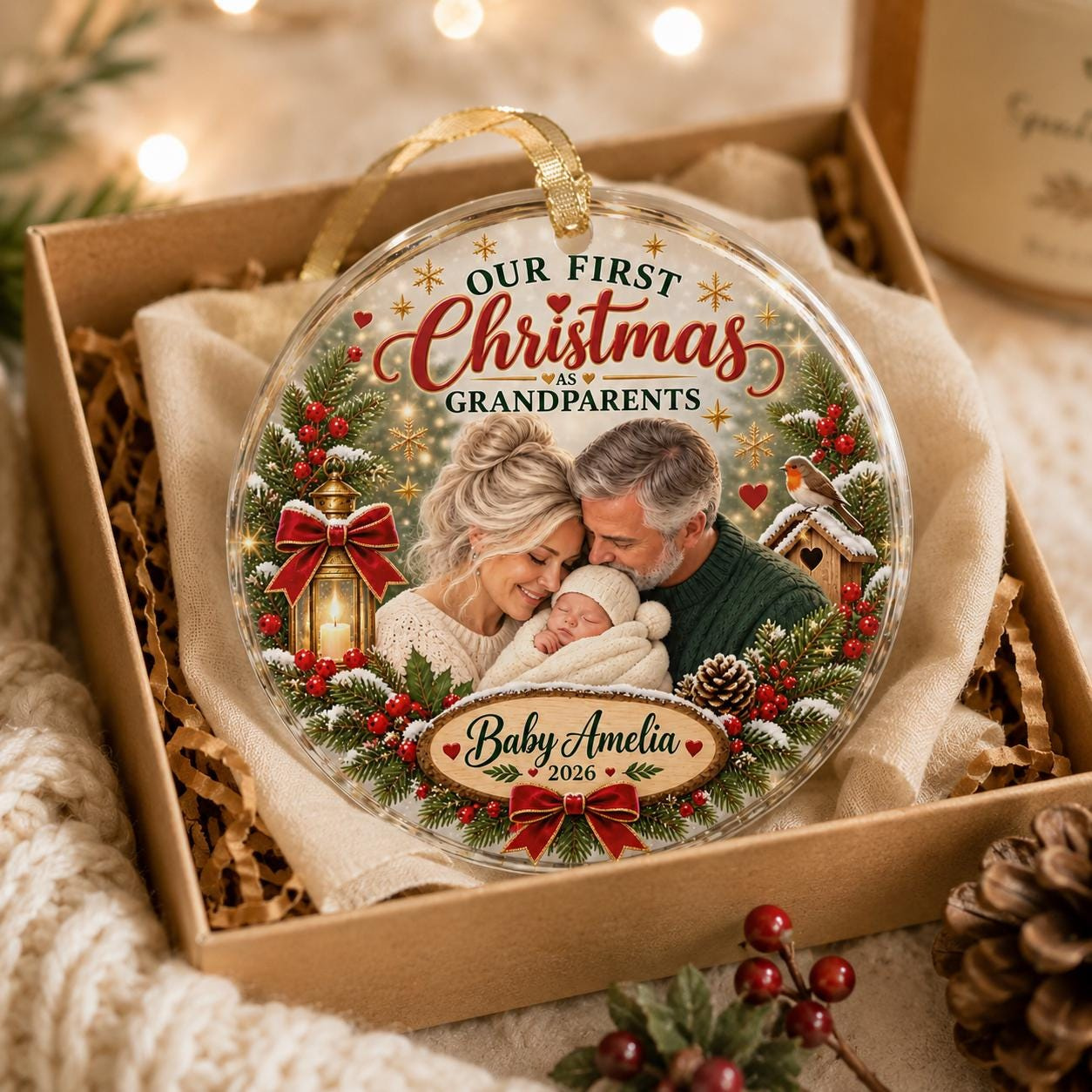 Clear Glass Round Christmas Ornament Blank - 3.5" Custom UV Printed Holiday Tree Decoration with Gold Ribbon 1