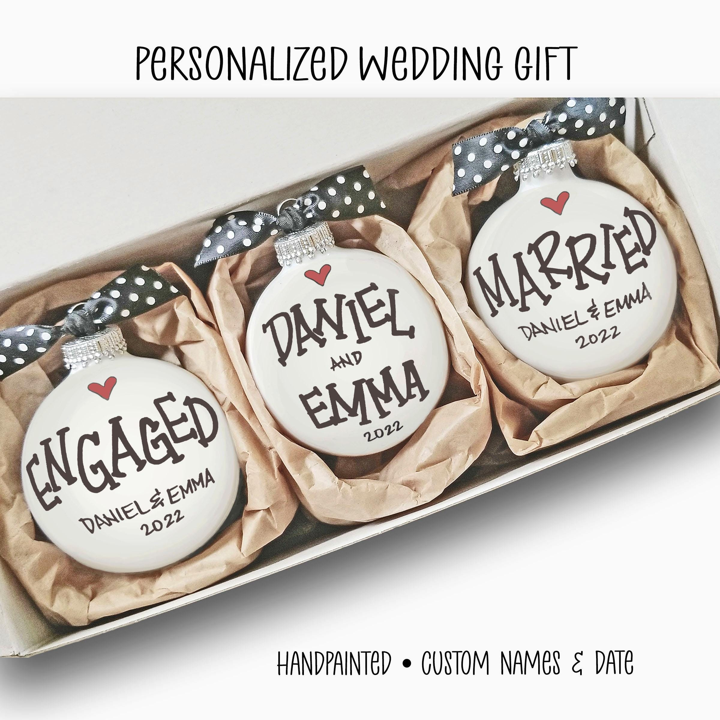 Personalized Engagement & Married Ornament Set, Custom Names & Date, Wedding Gift for Couple, Hand-Painted Glass Bulb Ke 4 - MeasureMason Personalized Engagement & Married Ornament Set, Custom Names & Date, Wedding Gift for Couple, Hand-Painted Glass Bulb Ke 4