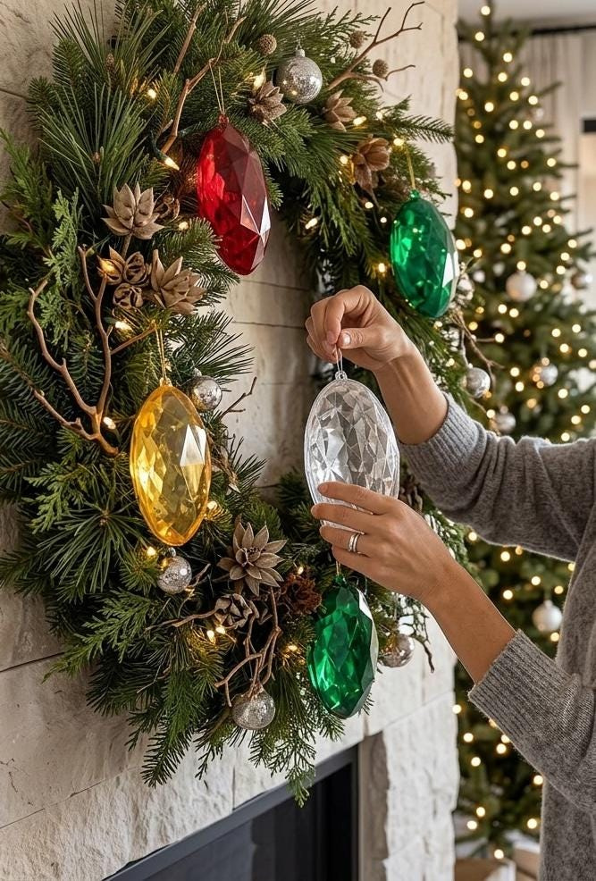 9 Inch Jumbo Faceted Gem Christmas Tree Ornament - Large Plastic Holiday Decoration in Gold, Silver & Red 9 Inch Jumbo Faceted Gem Christmas Tree Ornament - Large Plastic Holiday Decoration in Gold, Silver & Red