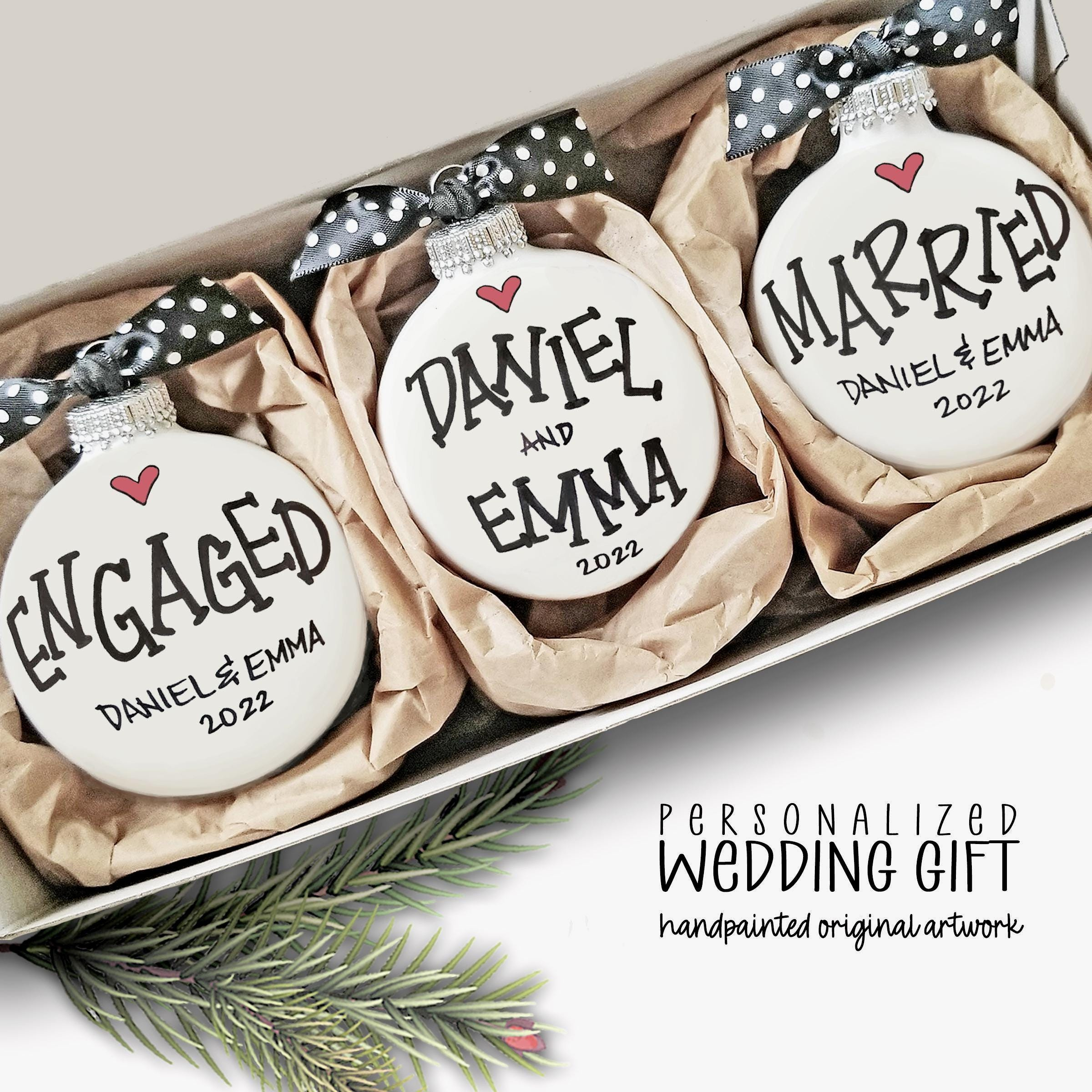 Personalized Engagement & Married Ornament Set, Custom Names & Date, Wedding Gift for Couple, Hand-Painted Glass Bulb Ke Personalized Engagement & Married Ornament Set, Custom Names & Date, Wedding Gift for Couple, Hand-Painted Glass Bulb Ke