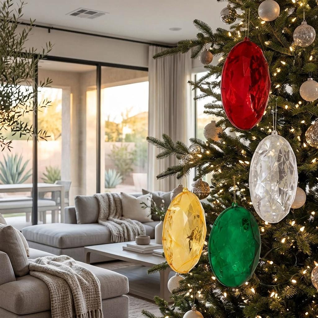 9 Inch Jumbo Faceted Gem Christmas Tree Ornament - Large Plastic Holiday Decoration in Gold, Silver & Red 1