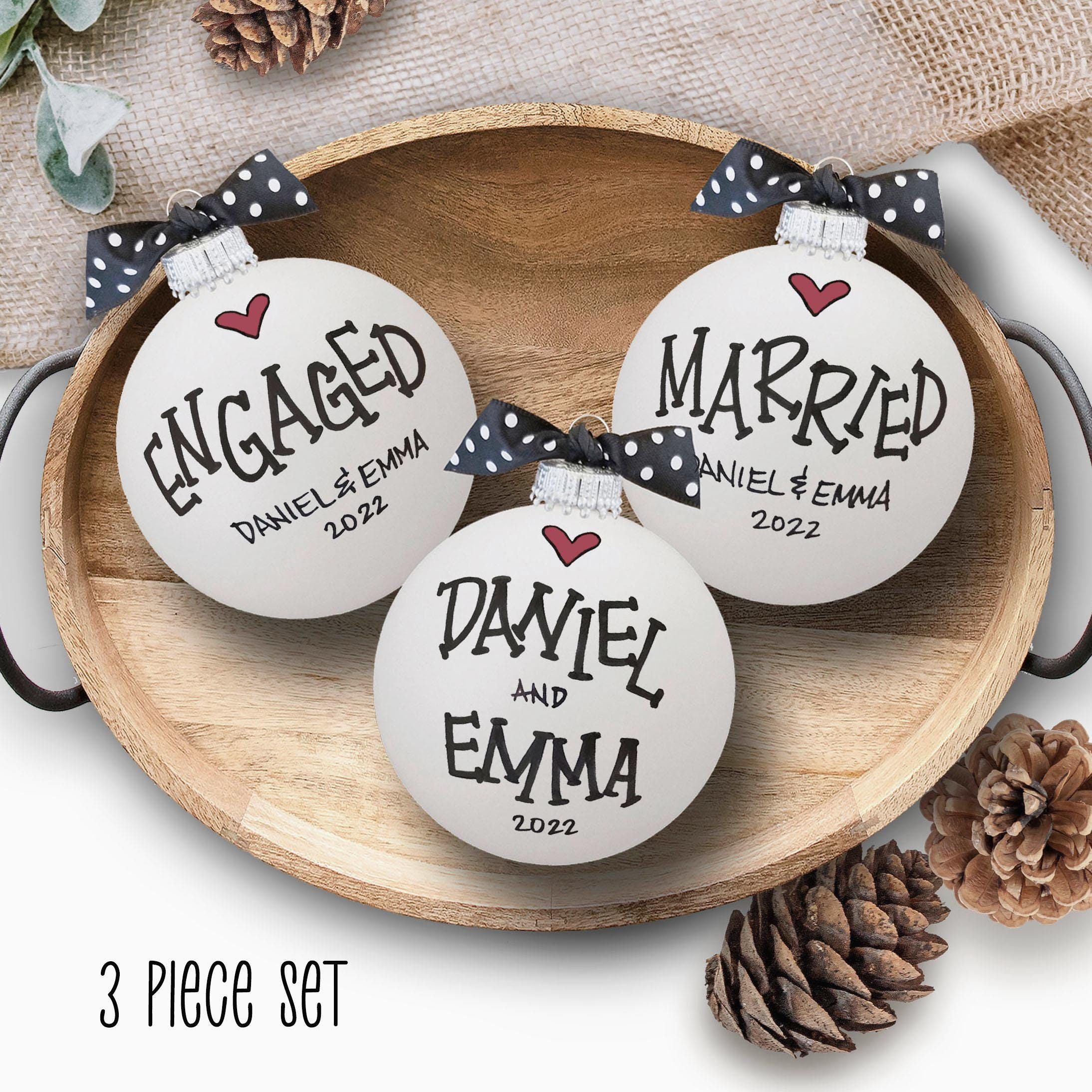 Personalized Engagement & Married Ornament Set, Custom Names & Date, Wedding Gift for Couple, Hand-Painted Glass Bulb Ke 2 - MeasureMason Personalized Engagement & Married Ornament Set, Custom Names & Date, Wedding Gift for Couple, Hand-Painted Glass Bulb Ke 2