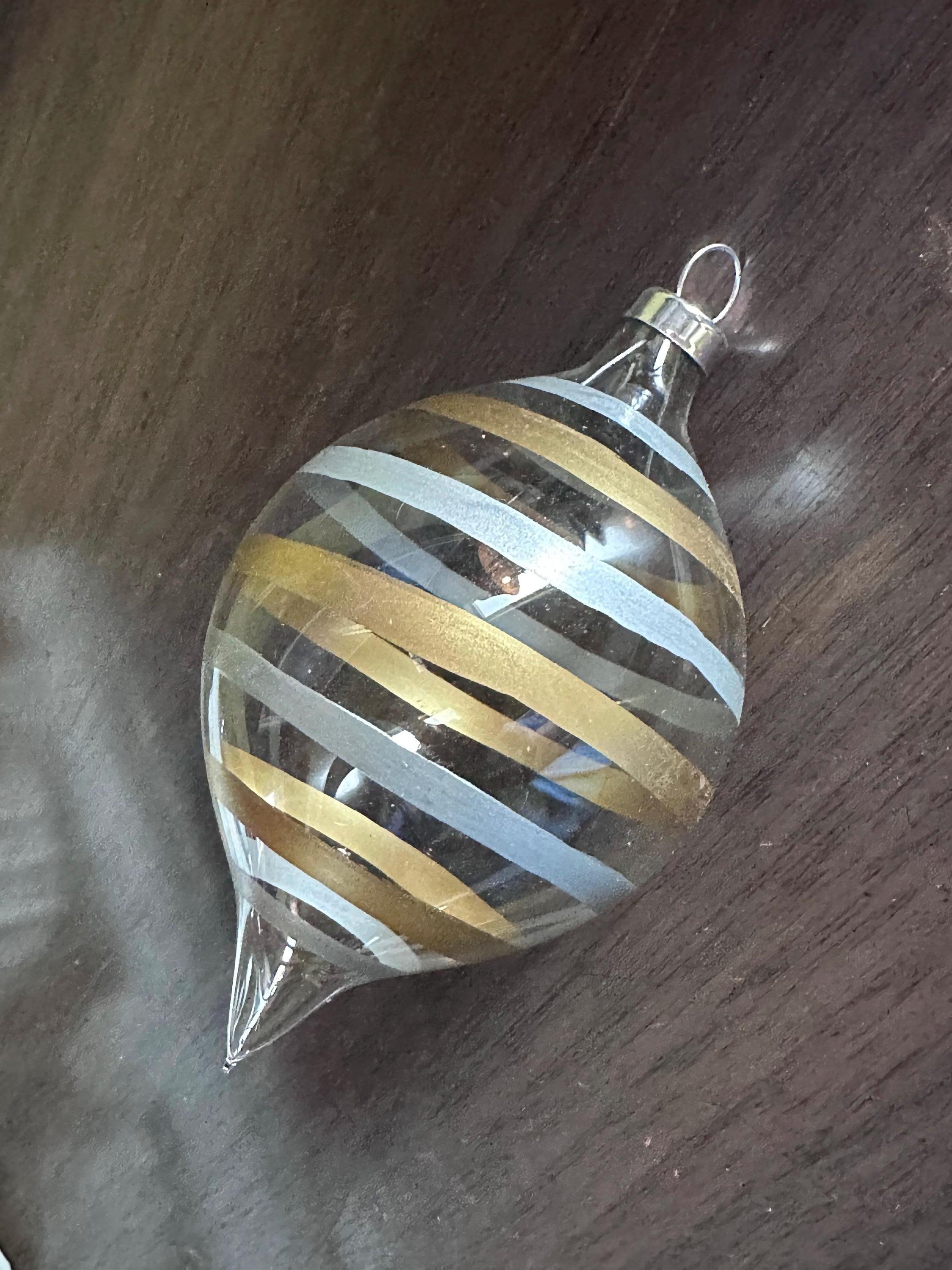 Vintage Clear Blown Glass Christmas Ornaments with Gold and Silver Stripes, Round Pointy Finial, Set of 4