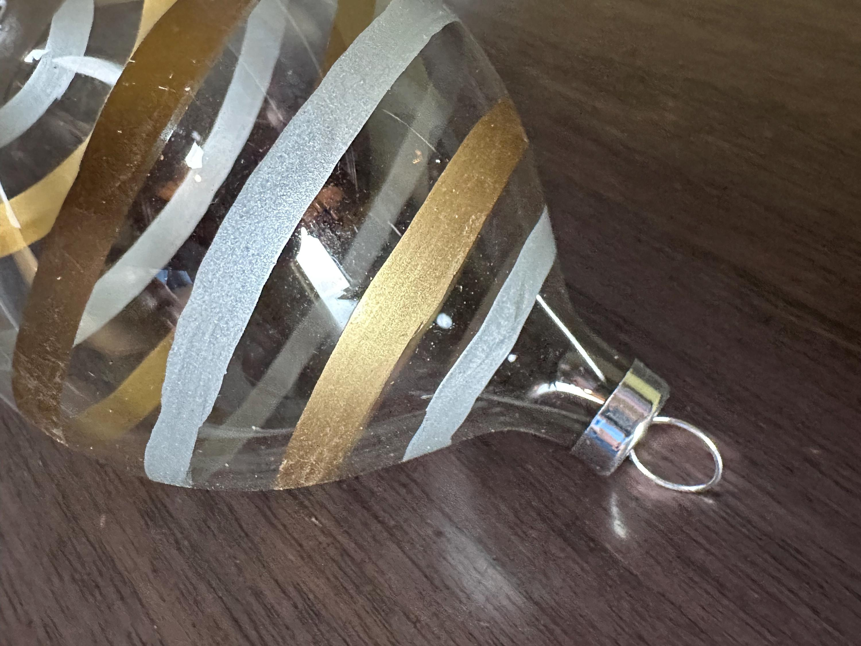 Vintage Clear Blown Glass Christmas Ornaments with Gold and Silver Stripes, Round Pointy Finial, Set of 4 4 - MeasureMason Vintage Clear Blown Glass Christmas Ornaments with Gold and Silver Stripes, Round Pointy Finial, Set of 4 4