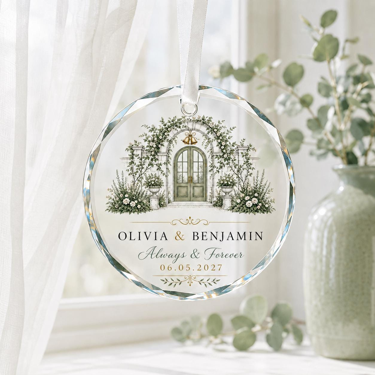 Personalized Wedding Crystal Ornament - Custom Couple Names & Date Floral Arch Engagement Anniversary Keepsake Personalized Wedding Crystal Ornament - Custom Couple Names & Date Floral Arch Engagement Anniversary Keepsake