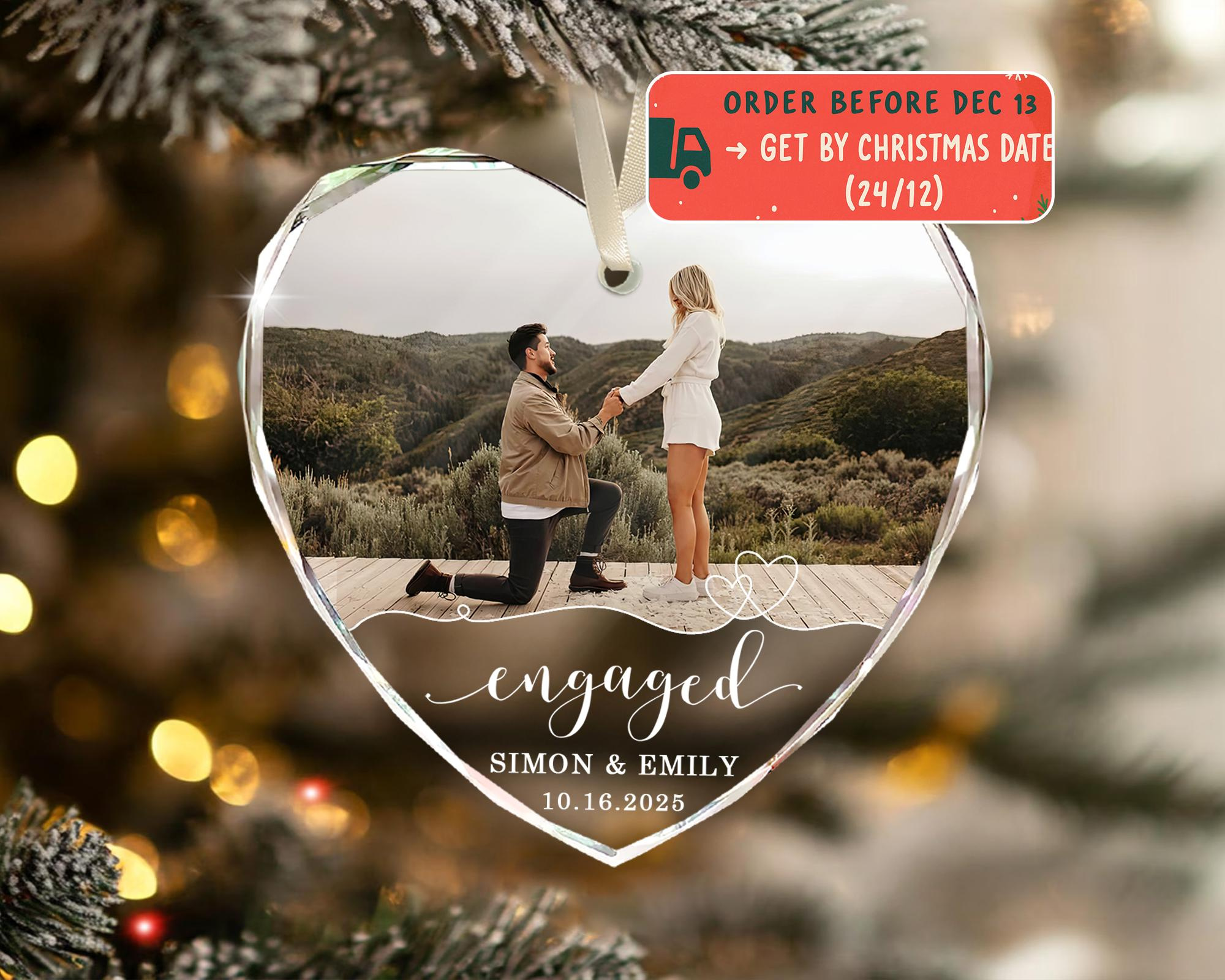 Personalized Engagement Photo Ornament - Glass Heart Wedding Keepsake Personalized Engagement Photo Ornament - Glass Heart Wedding Keepsake