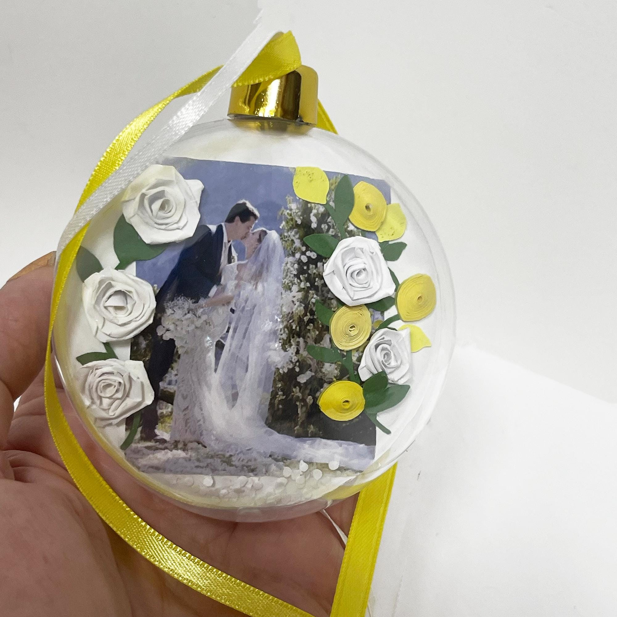 Personalized Wedding Keepsake Ornament with Quilled Flowers - Glass Globe Invitation Holder 2 - MeasureMason Personalized Wedding Keepsake Ornament with Quilled Flowers - Glass Globe Invitation Holder 2