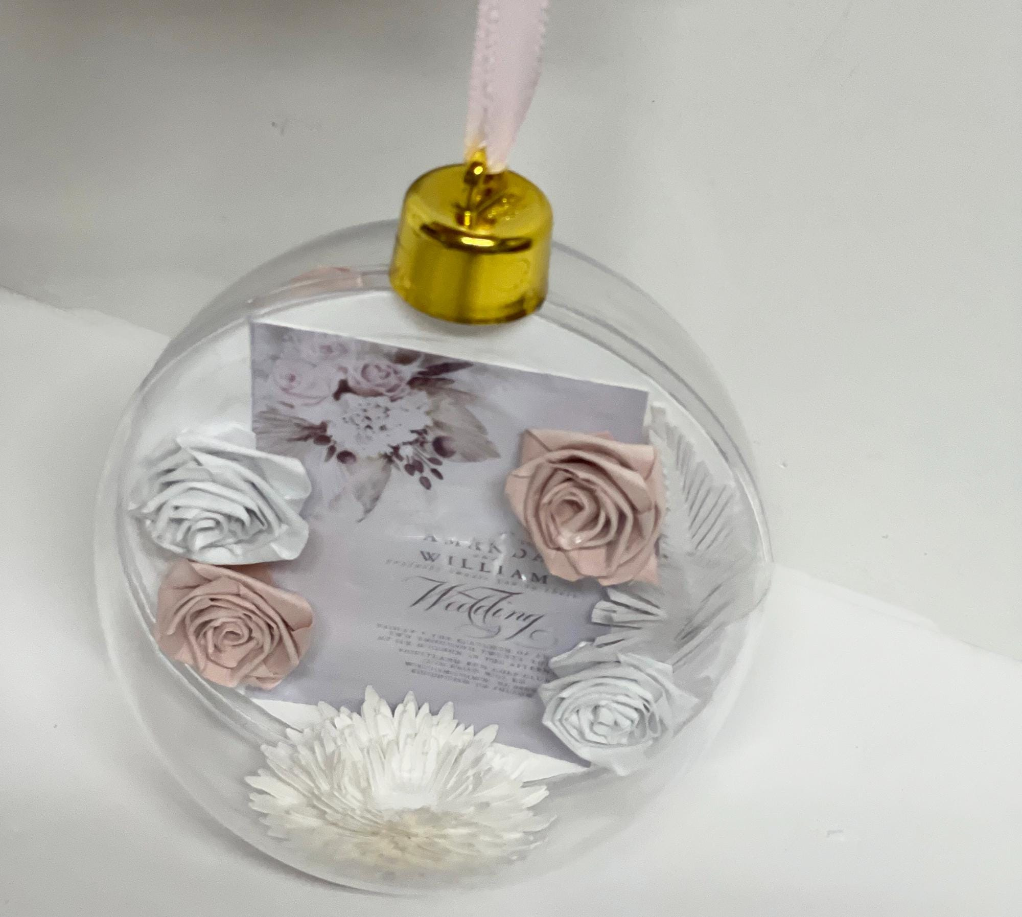 Personalized Wedding Keepsake Ornament with Quilled Flowers - Glass Globe Invitation Holder 4 - MeasureMason Personalized Wedding Keepsake Ornament with Quilled Flowers - Glass Globe Invitation Holder 4