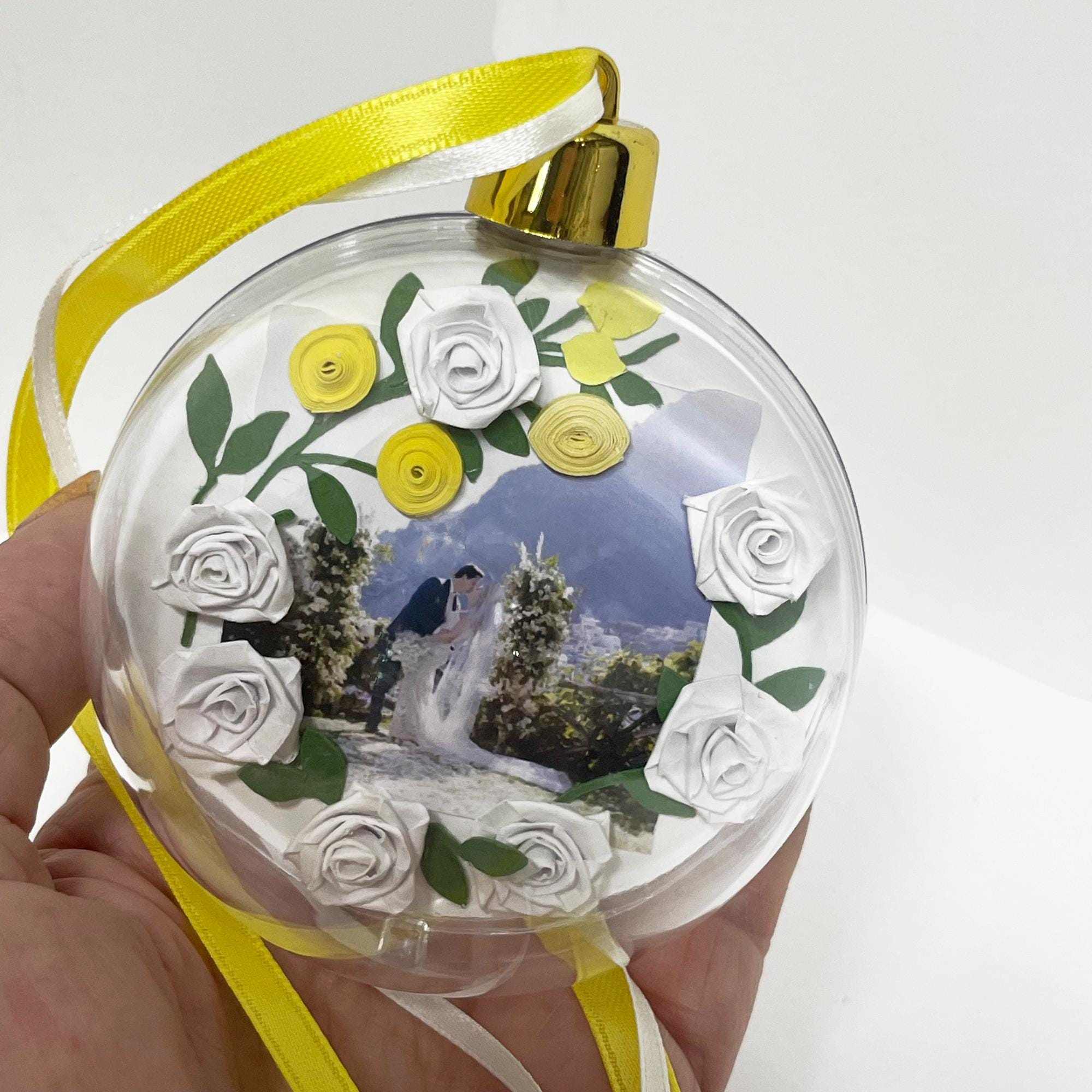 Personalized Wedding Keepsake Ornament with Quilled Flowers - Glass Globe Invitation Holder 1 - MeasureMason Personalized Wedding Keepsake Ornament with Quilled Flowers - Glass Globe Invitation Holder 1