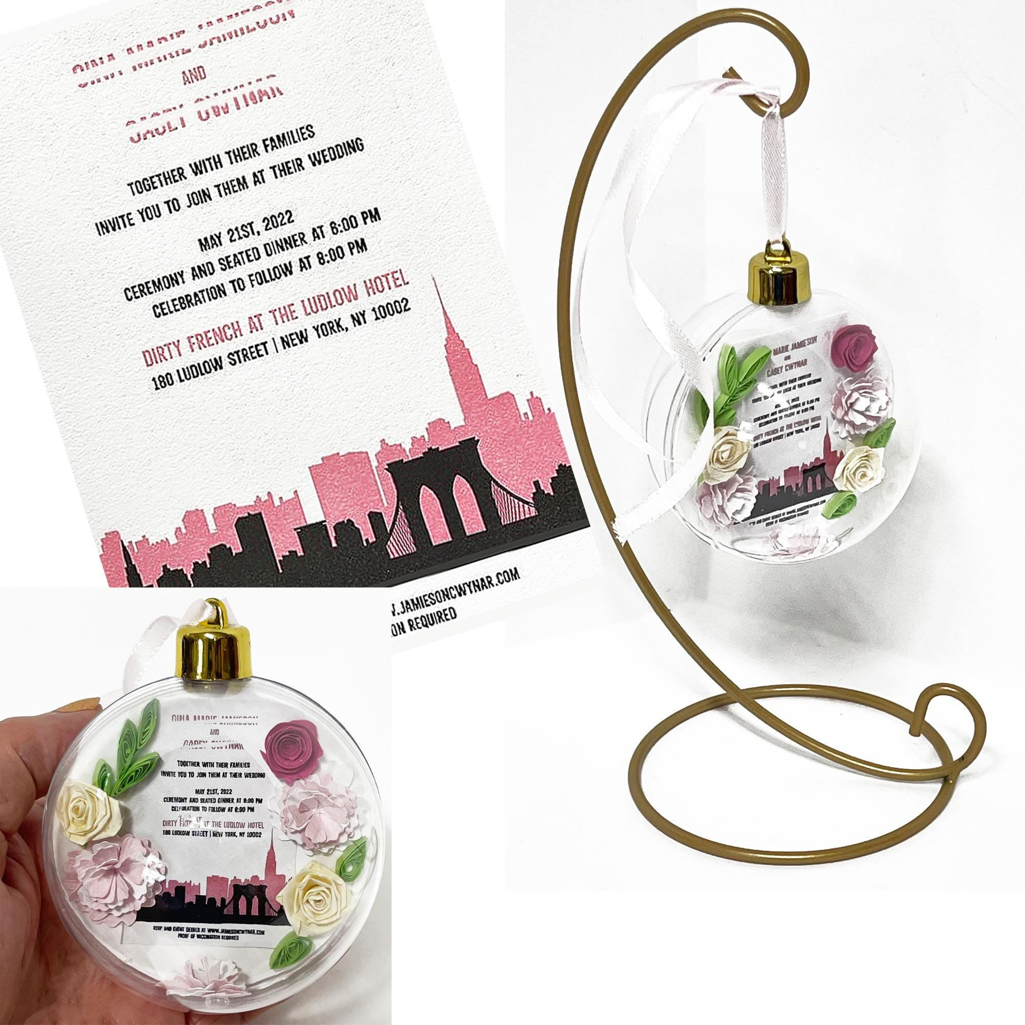Personalized Wedding Keepsake Ornament with Quilled Flowers - Glass Globe Invitation Holder 3 - MeasureMason Personalized Wedding Keepsake Ornament with Quilled Flowers - Glass Globe Invitation Holder 3