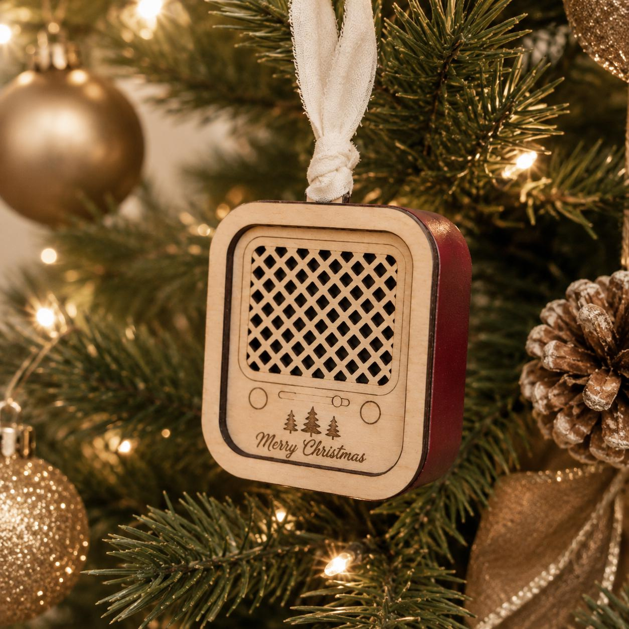 Personalized Recordable Christmas Ornament - Vintage Radio Style Birch Wood with Custom Engraving Personalized Recordable Christmas Ornament - Vintage Radio Style Birch Wood with Custom Engraving
