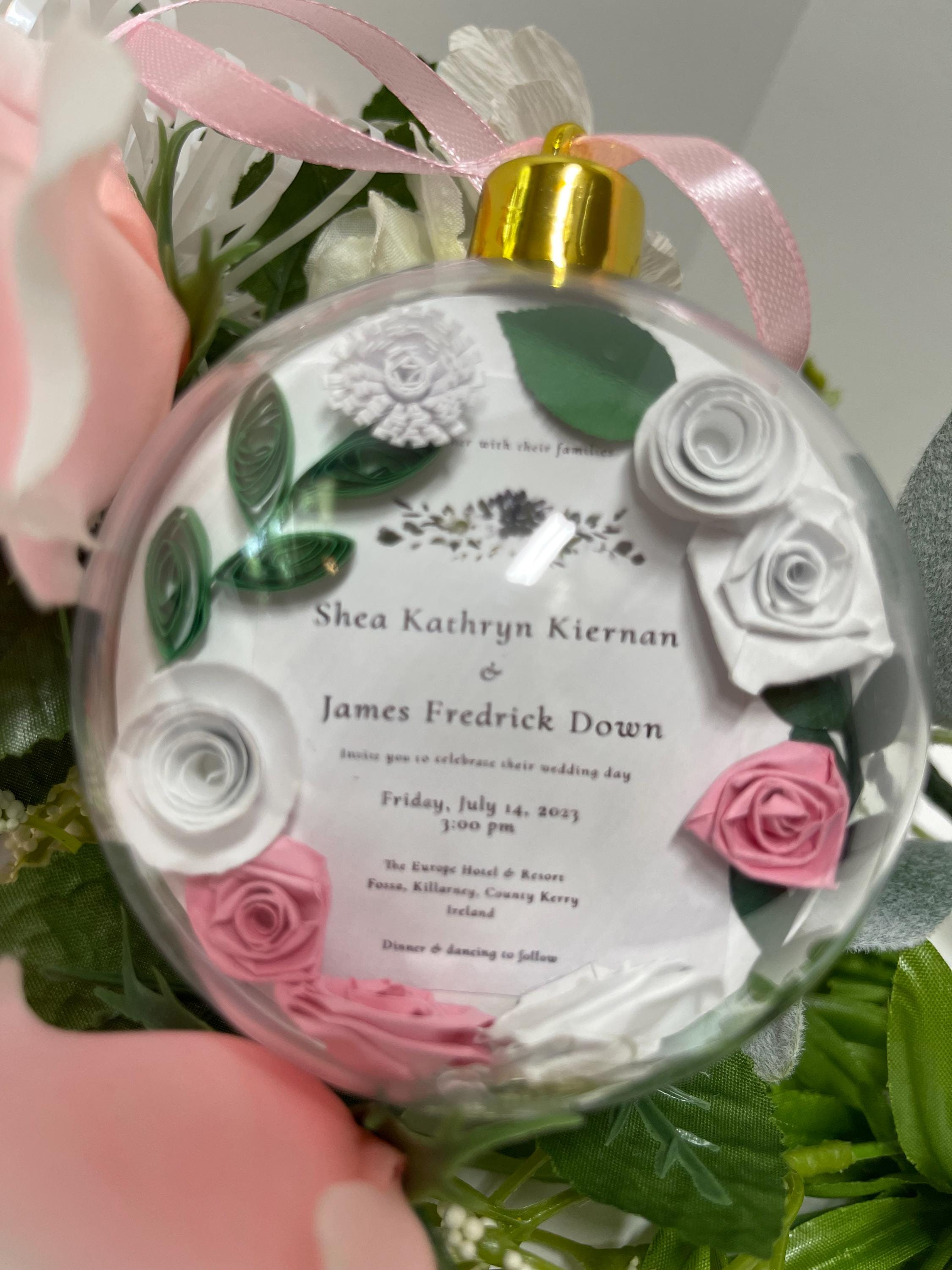 Personalized Wedding Keepsake Ornament with Quilled Flowers - Glass Globe Invitation Holder