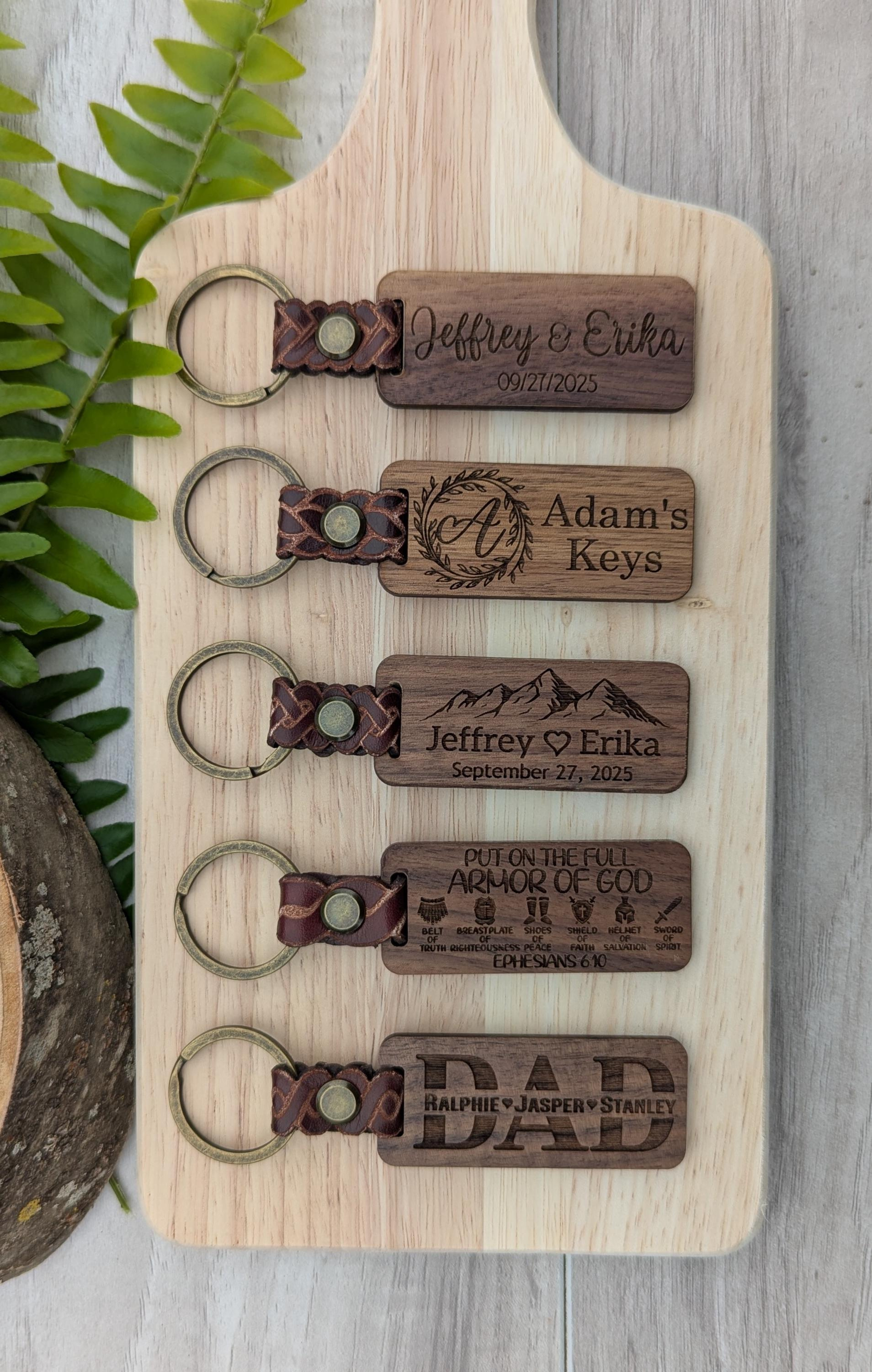 Laser Engraved Walnut Keychain (10 Designs) with Leather Band (5 Patterns) - Custom Personalized Gift 4 - MeasureMason Laser Engraved Walnut Keychain (10 Designs) with Leather Band (5 Patterns) - Custom Personalized Gift 4