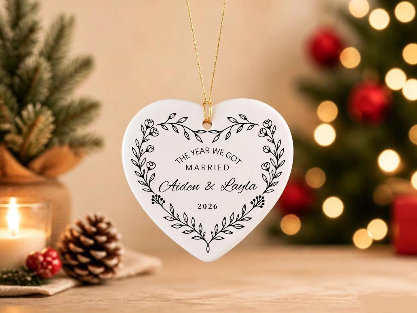 Personalized Wedding Ceramic Heart Christmas Ornament Custom Name Year Married Couple Anniversary Keepsake Gift