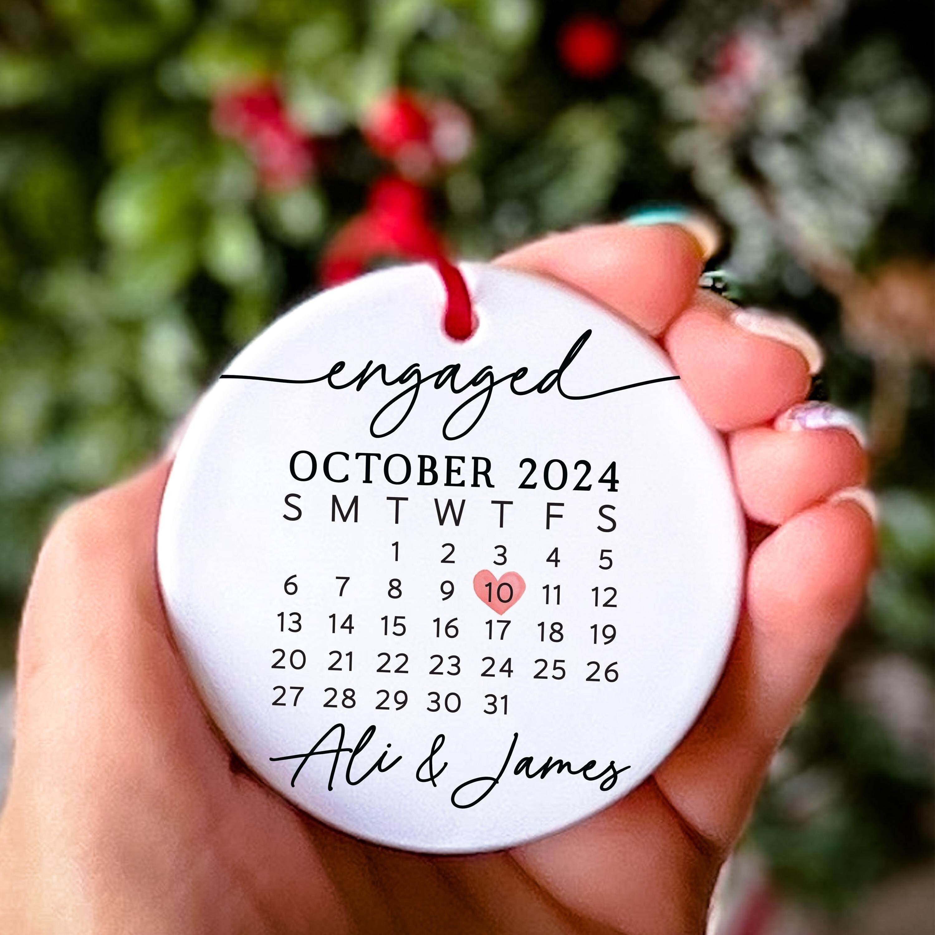Personalized Ceramic Christmas Engagement Ornament - Custom Names & Date Personalized Ceramic Christmas Engagement Ornament - Custom Names & Date