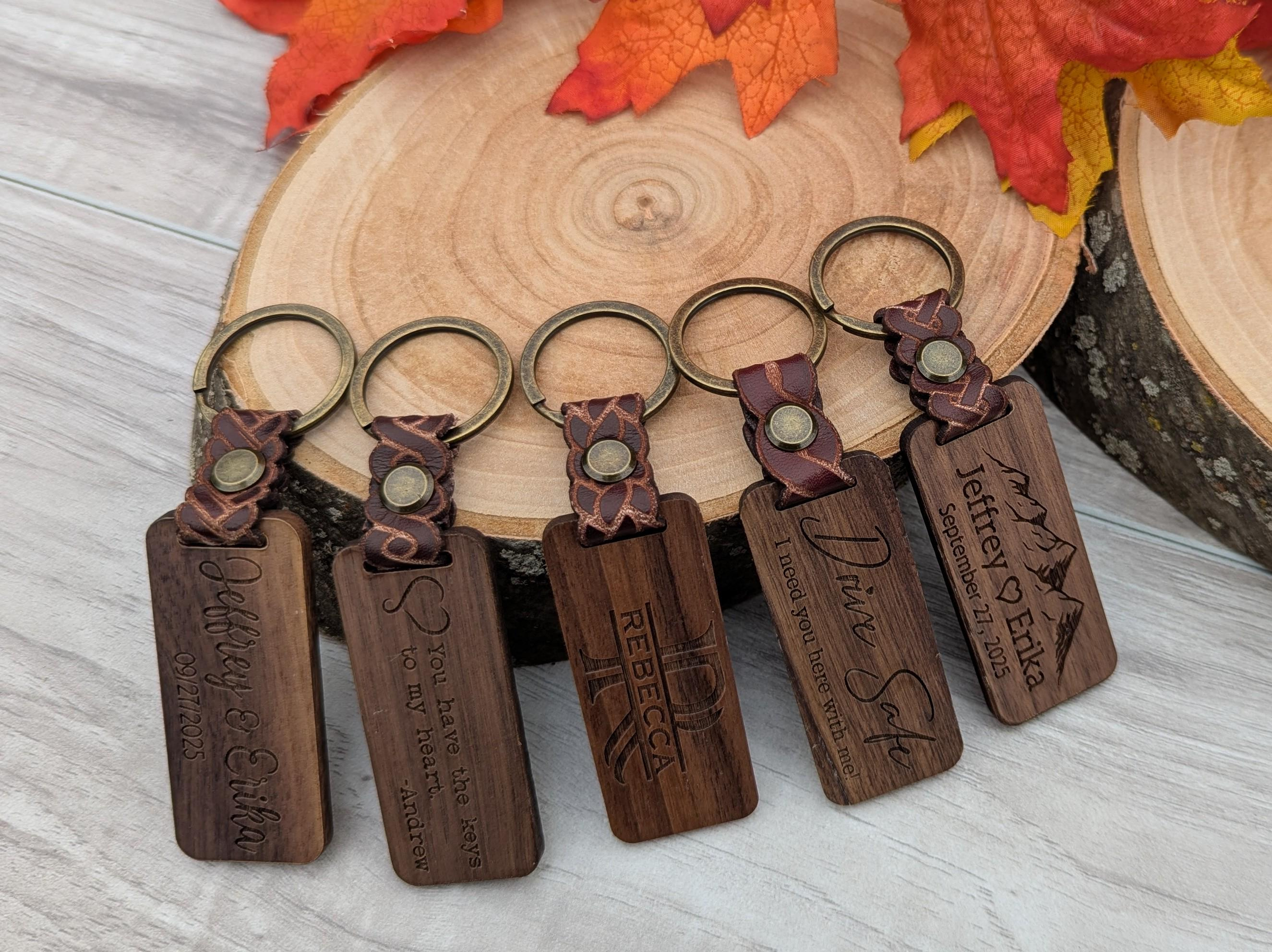 Laser Engraved Walnut Keychain (10 Designs) with Leather Band (5 Patterns) - Custom Personalized Gift 2 - MeasureMason Laser Engraved Walnut Keychain (10 Designs) with Leather Band (5 Patterns) - Custom Personalized Gift 2