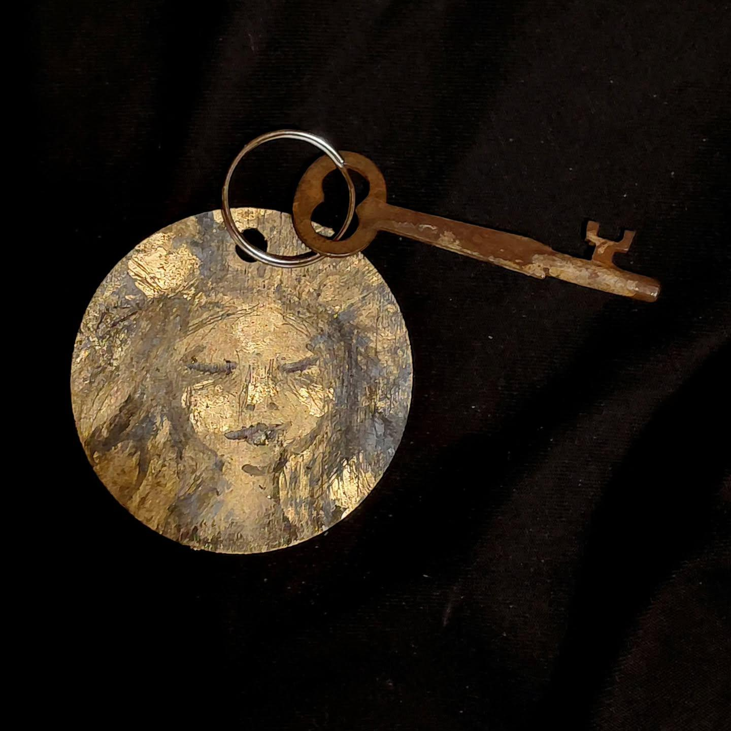Handmade OOAK Fairy Portrait Keychain - Original Painted Art on Wood with Antique Skeleton Key
