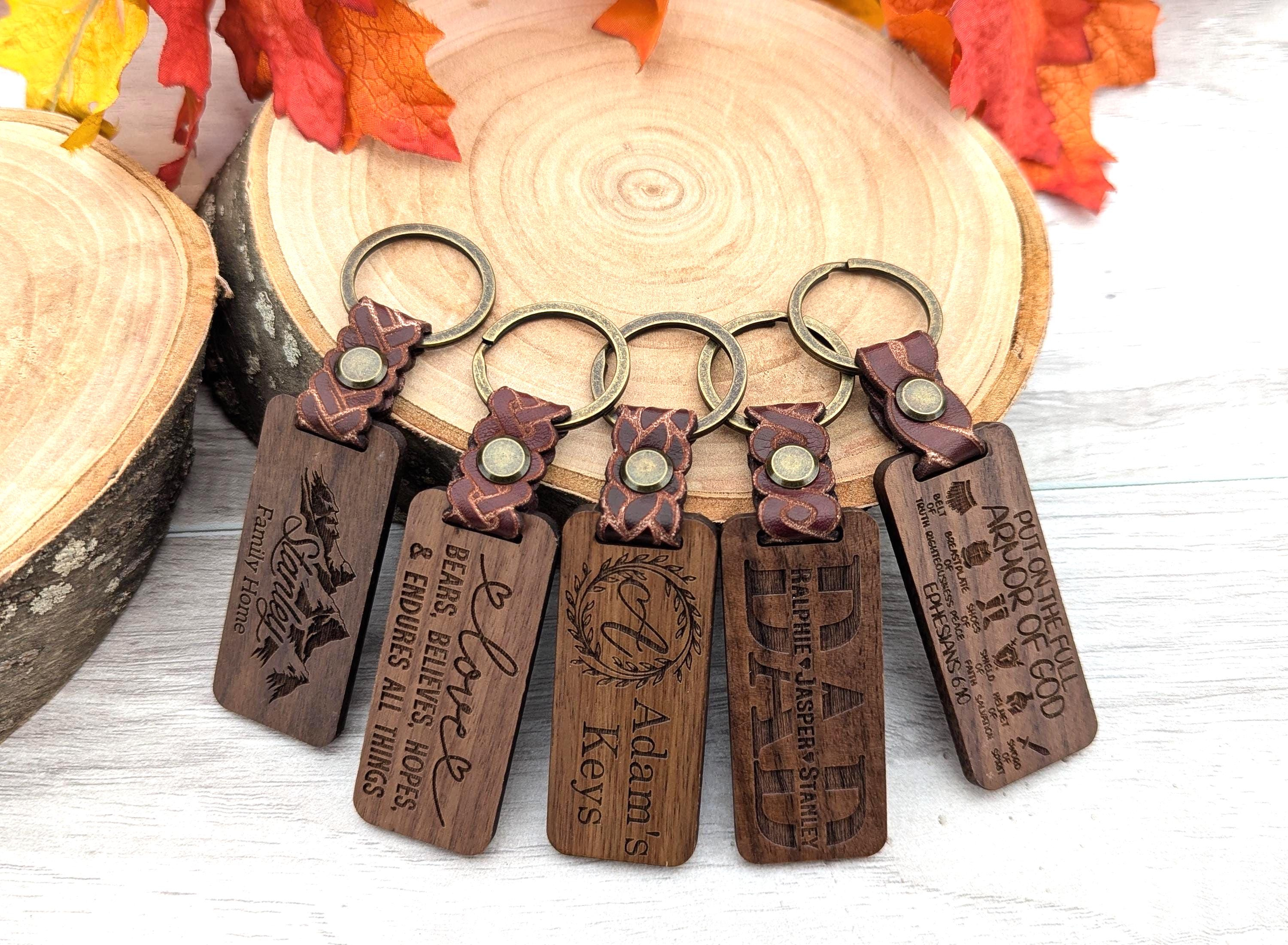 Laser Engraved Walnut Keychain (10 Designs) with Leather Band (5 Patterns) - Custom Personalized Gift